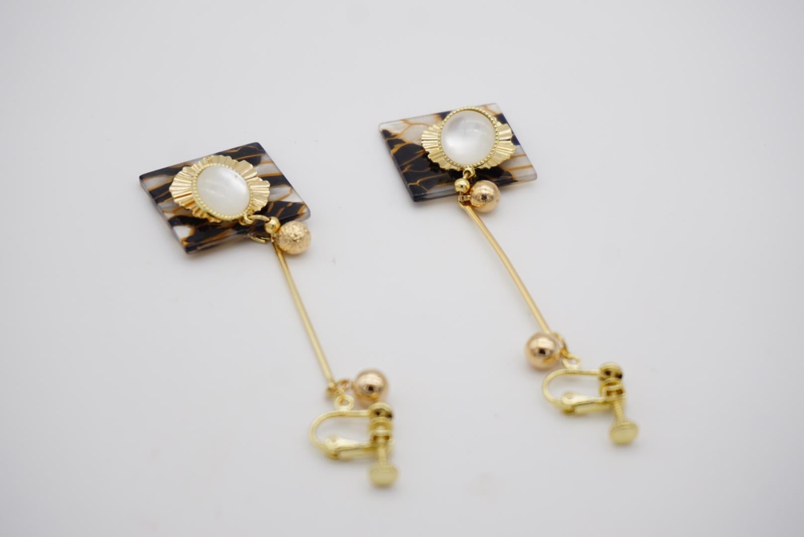 Black Marble Square Opal Gold Wave Disc Flower Long Drop Dangle Clip On Earrings For Sale 3