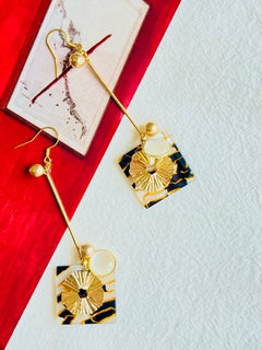 Black Marble Square Opal Gold Wave Disc Flower Long Drop Dangle Pierced Earrings