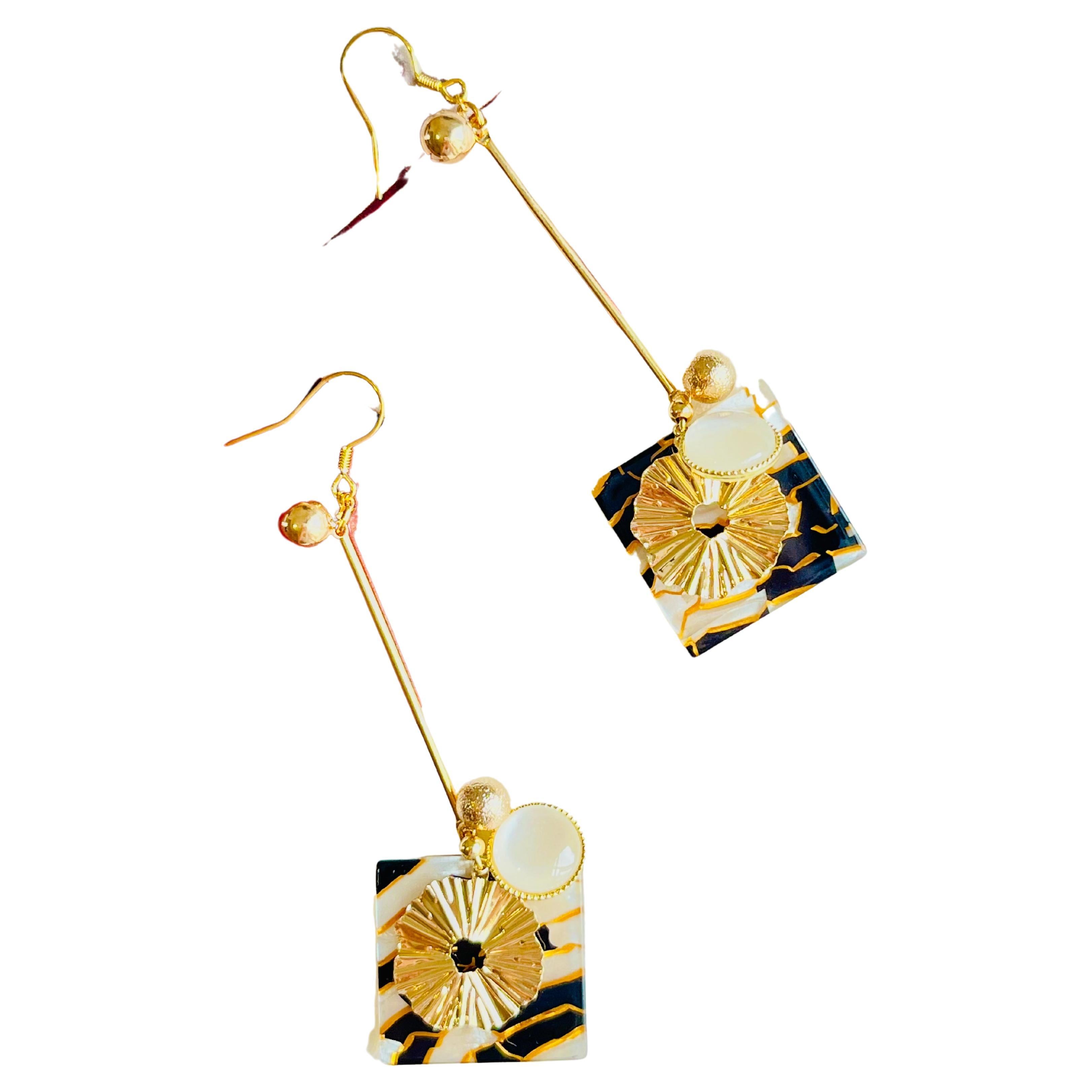 Black Marble Square Opal Gold Wave Disc Flower Long Drop Dangle Pierced Earrings For Sale