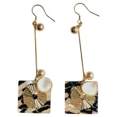 Black Marble Square Opal Gold Wave Disc Flower Long Drop Dangle Pierced Earrings