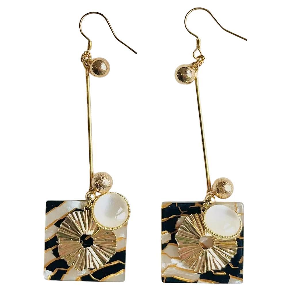 Noir Marbre Carré Opale Or Disque Vague Fleur Longue Pendants d'oreilles Pierce en vente