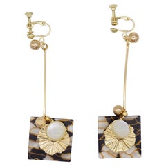 Black Marble Square Opal Moonstone Gold Wave Disc Flower Long Drop Clip Earrings