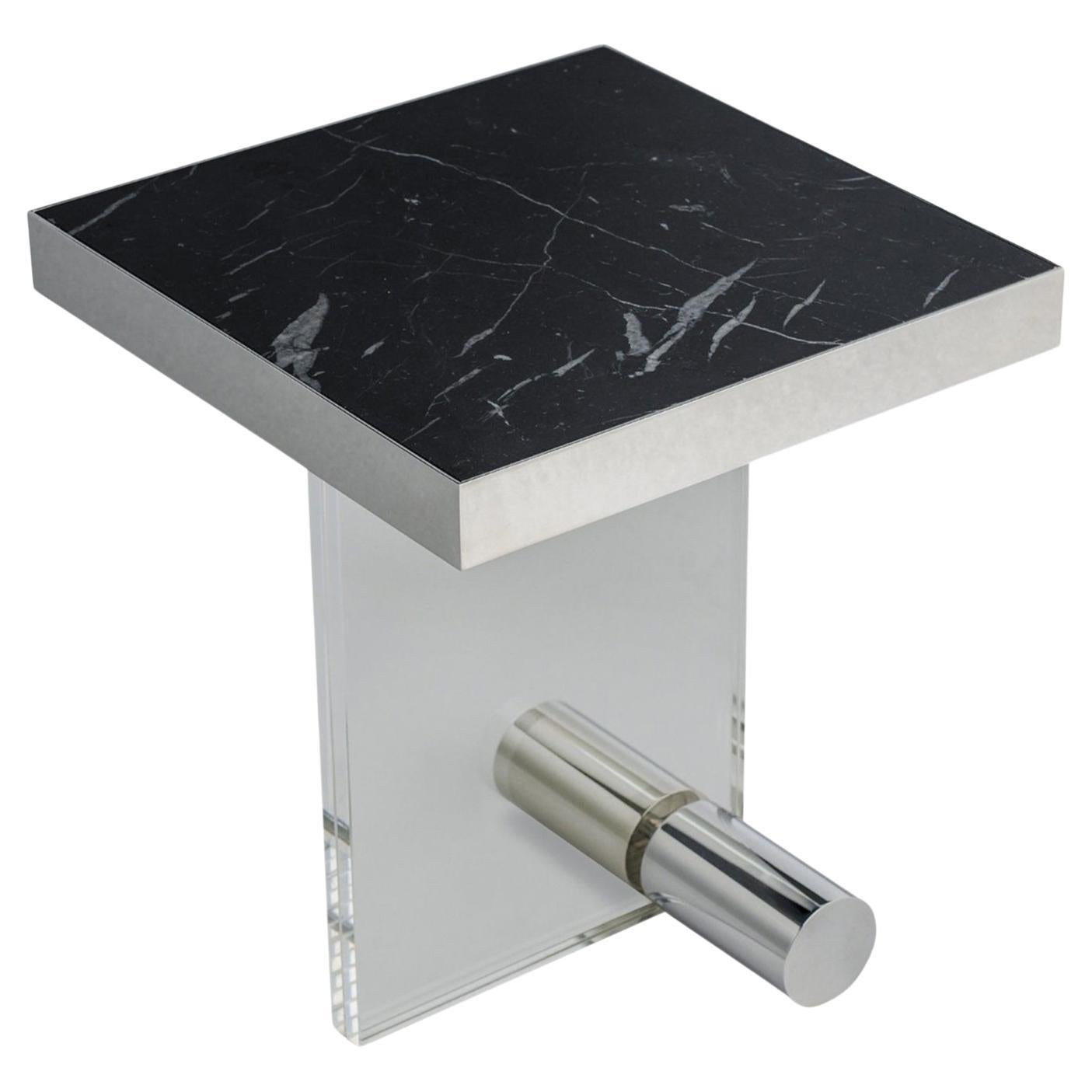 Black Marble Stainless Steel Acrylic Square Side Table For Sale