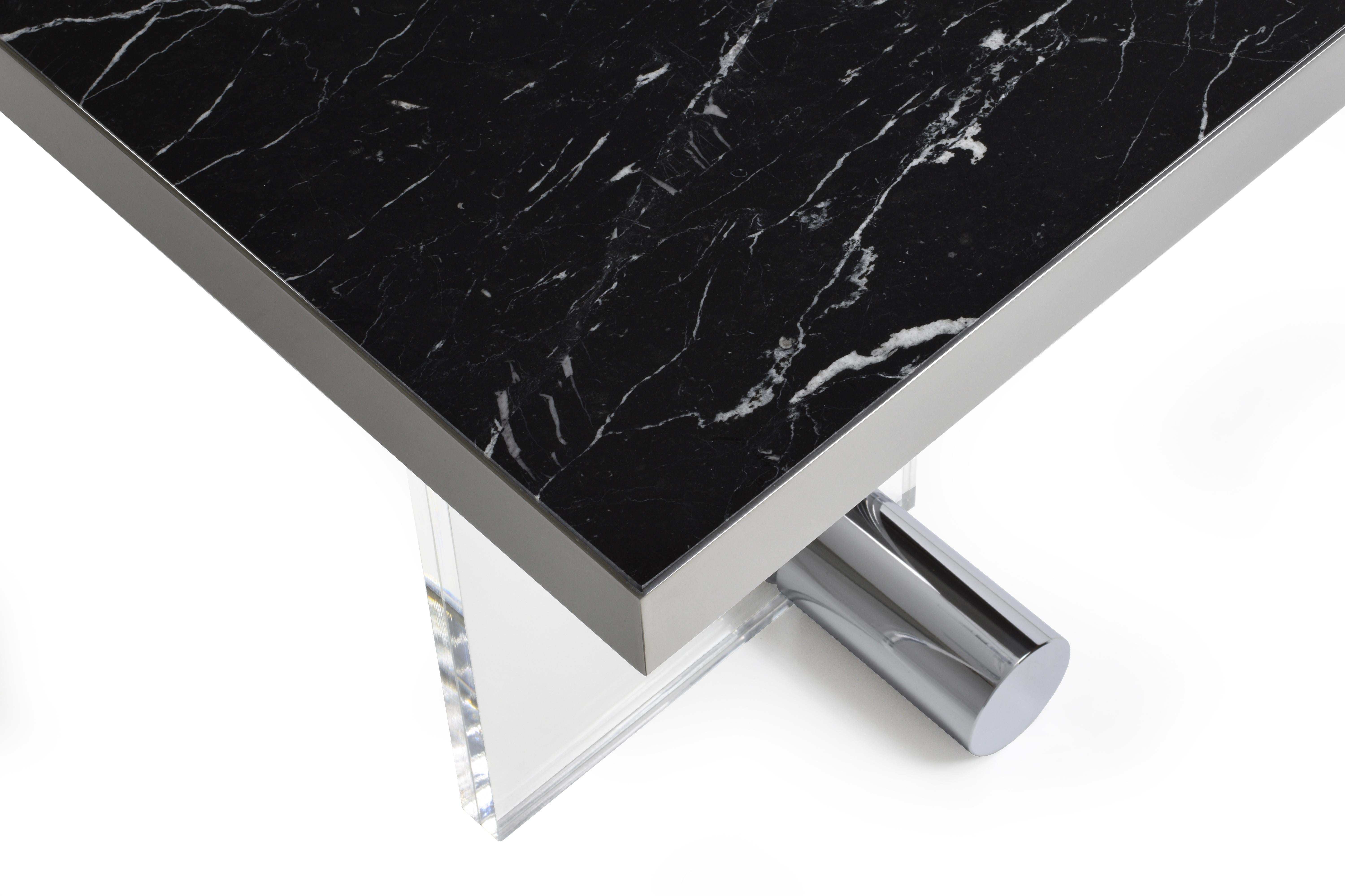 Portuguese Black Marble Stainless Steel Acrylic Squared Side Table For Sale