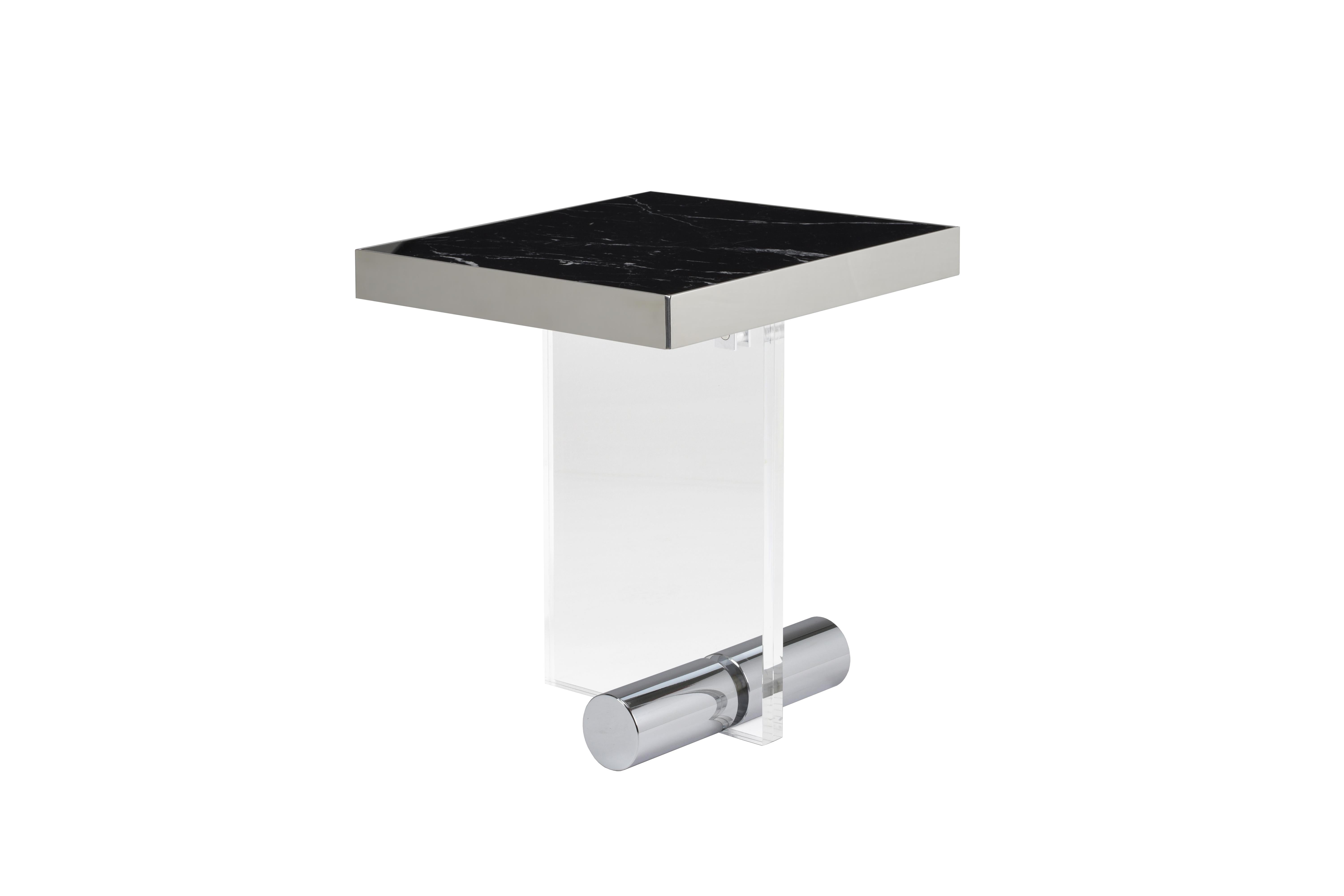Black Marble Stainless Steel Acrylic Squared Side Table In New Condition For Sale In Paris, FR