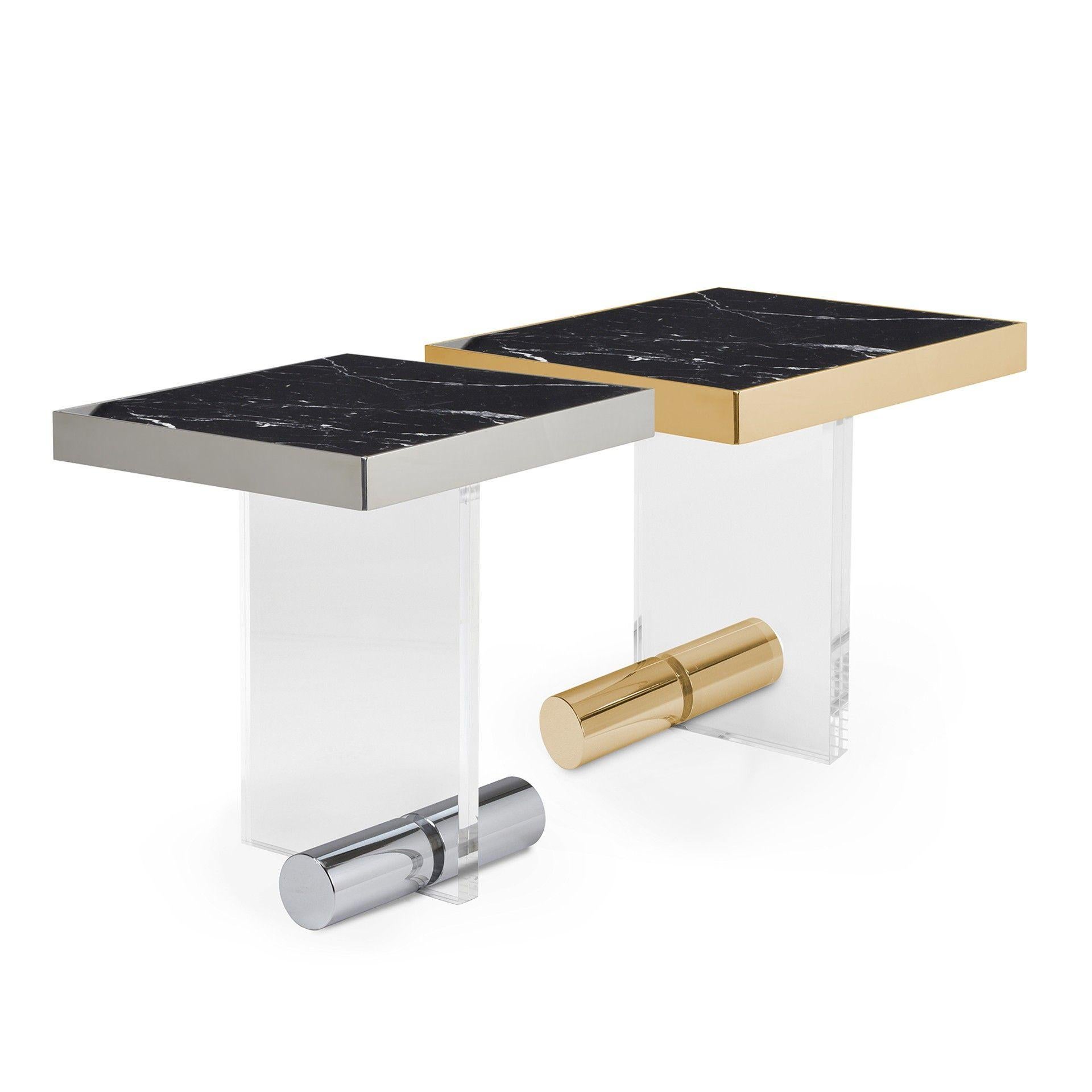 Table d'appoint carrée en marbre noir et acier inoxydable et acrylique en vente 3