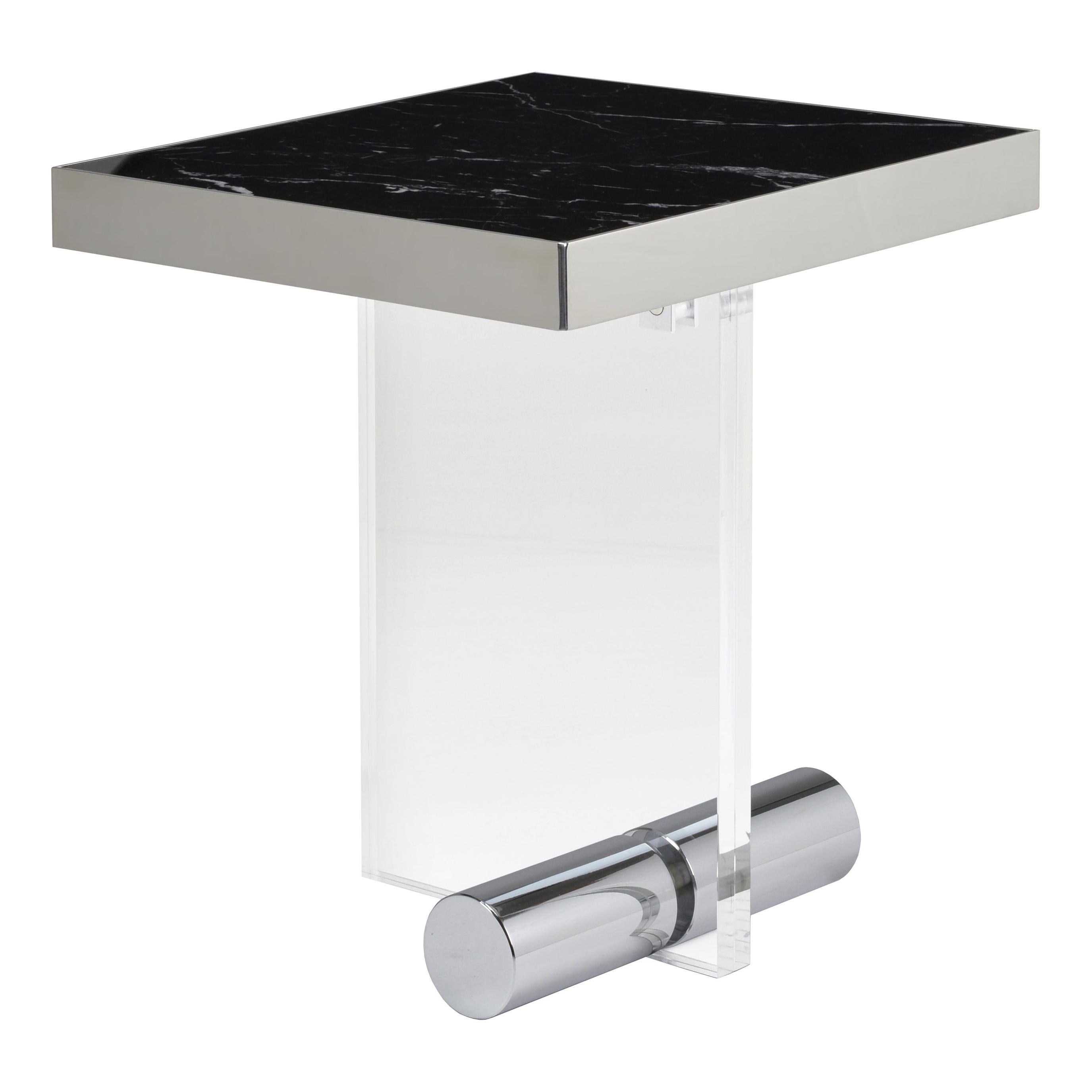 Table d'appoint carrée en marbre noir et acier inoxydable et acrylique