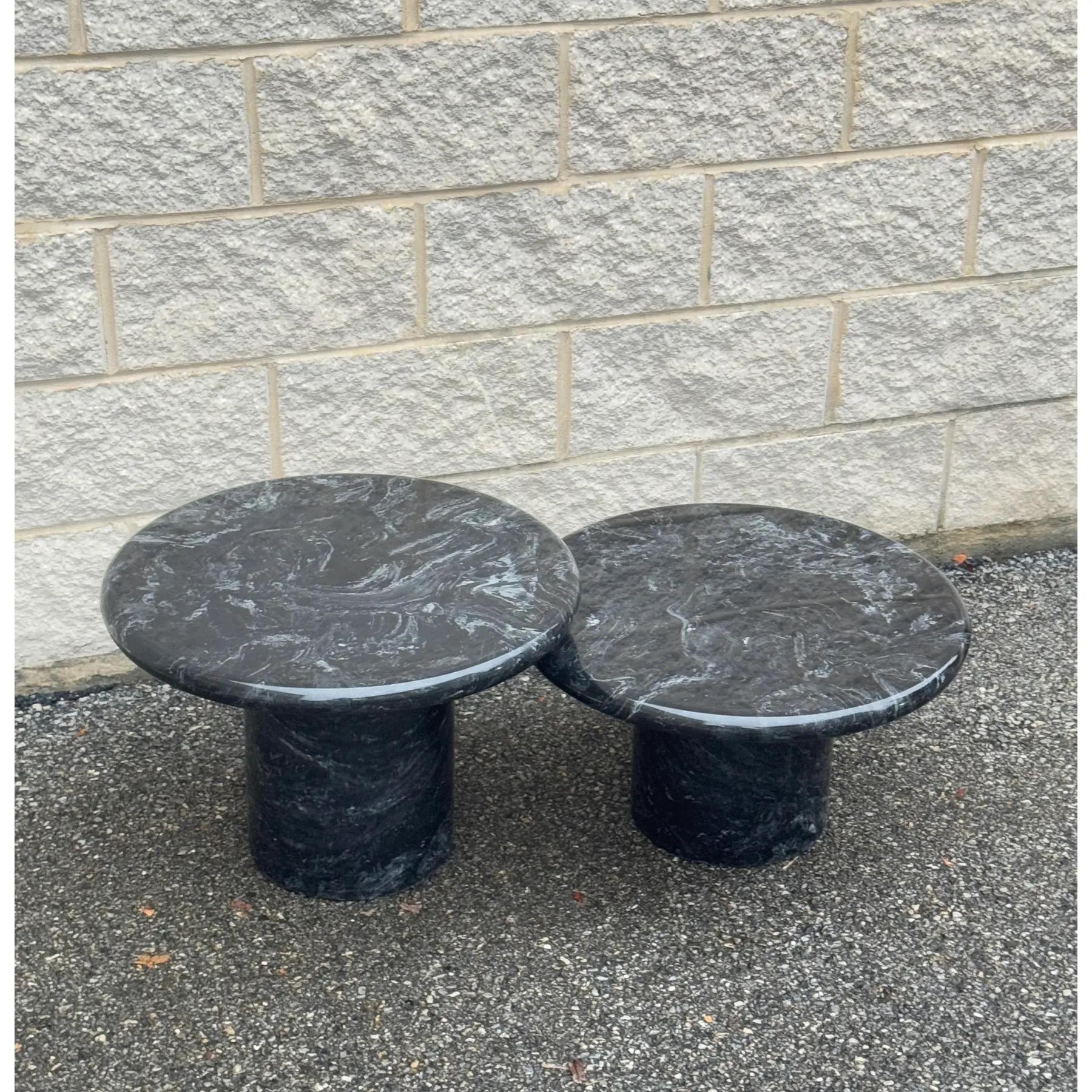 Mid-Century Modern Black Marble Tiered Mushroom Coffee Table Set – Set of 2 For Sale