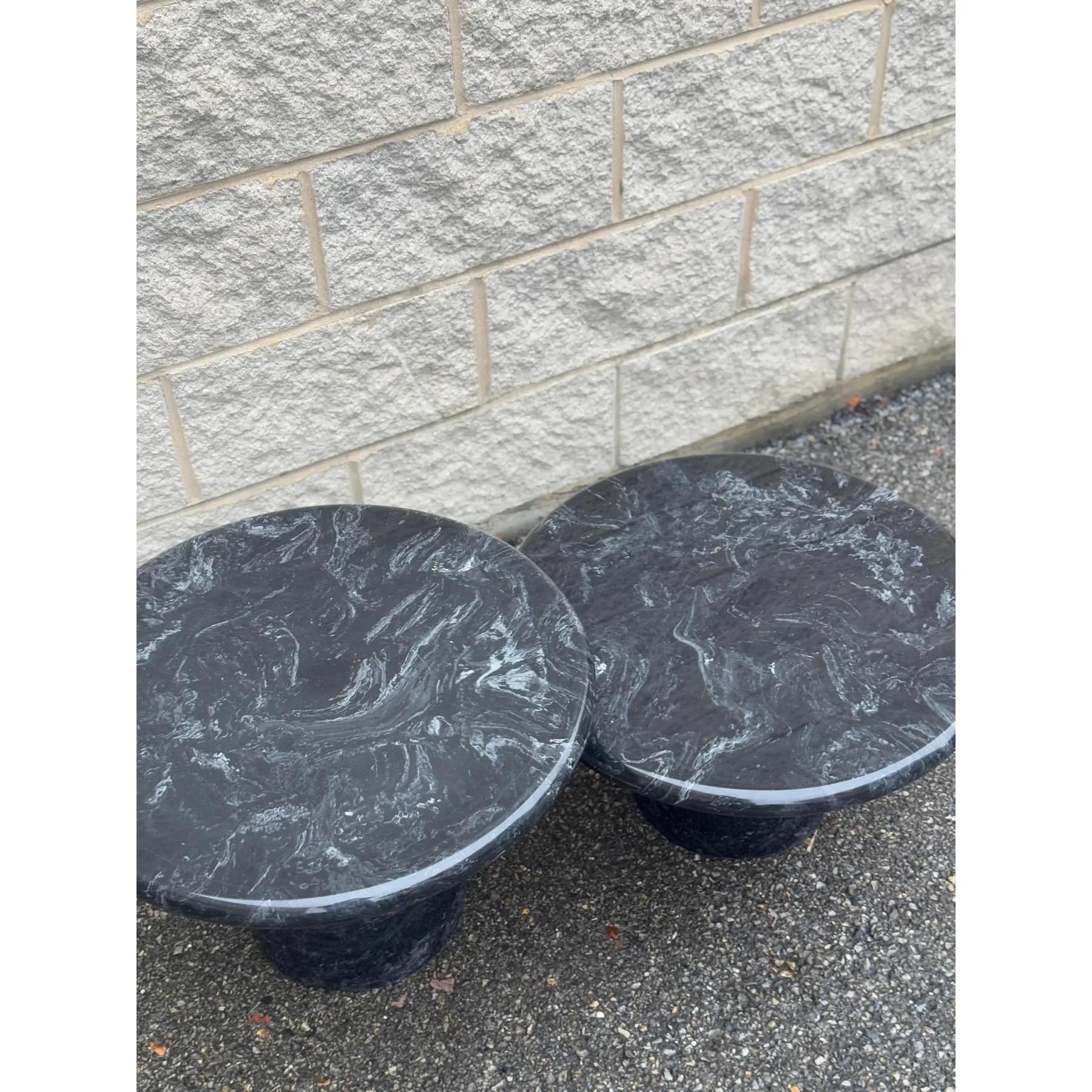 Italian Black Marble Tiered Mushroom Coffee Table Set – Set of 2 For Sale