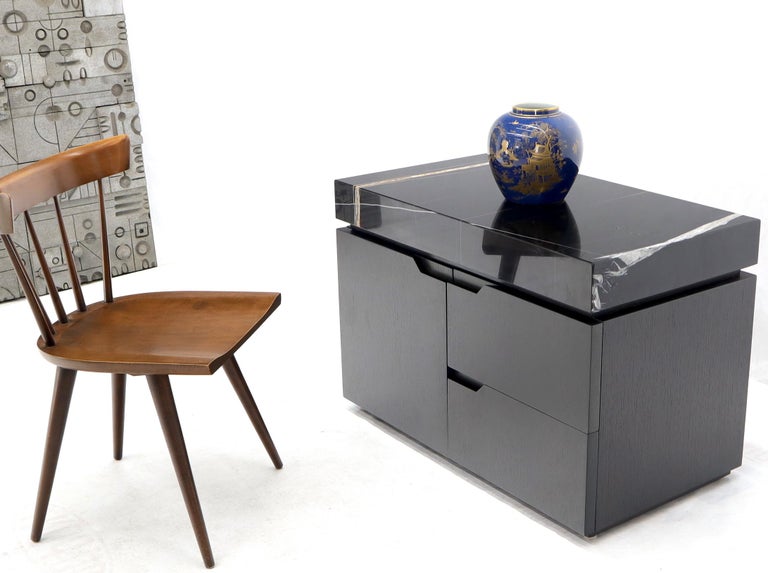 Black Marble Top Black Lacquer Contemporary Short Credenza Console