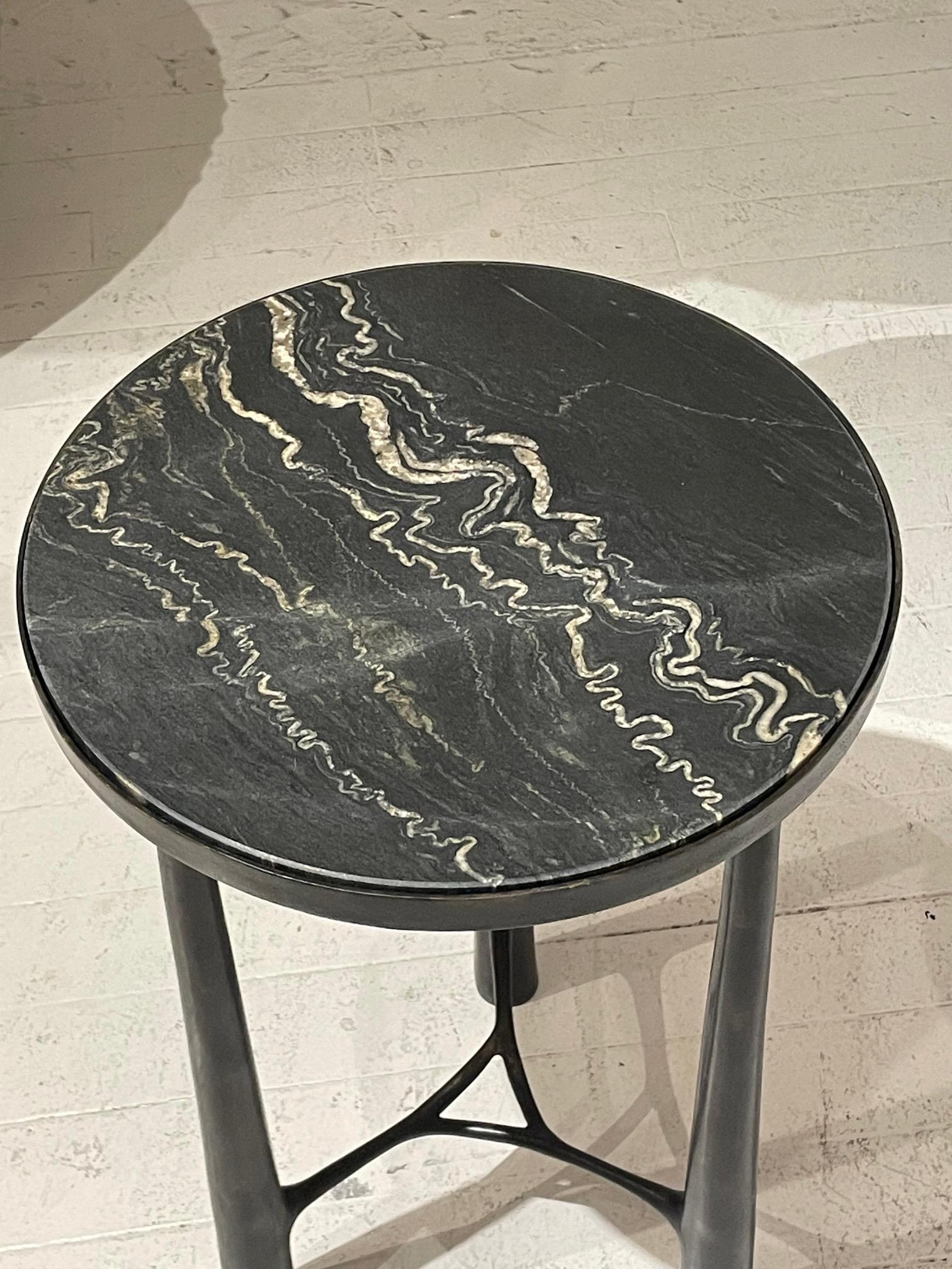 Black With White Marble Top, Bronze Base Side Table, Germany, Contemporary In New Condition For Sale In New York, NY