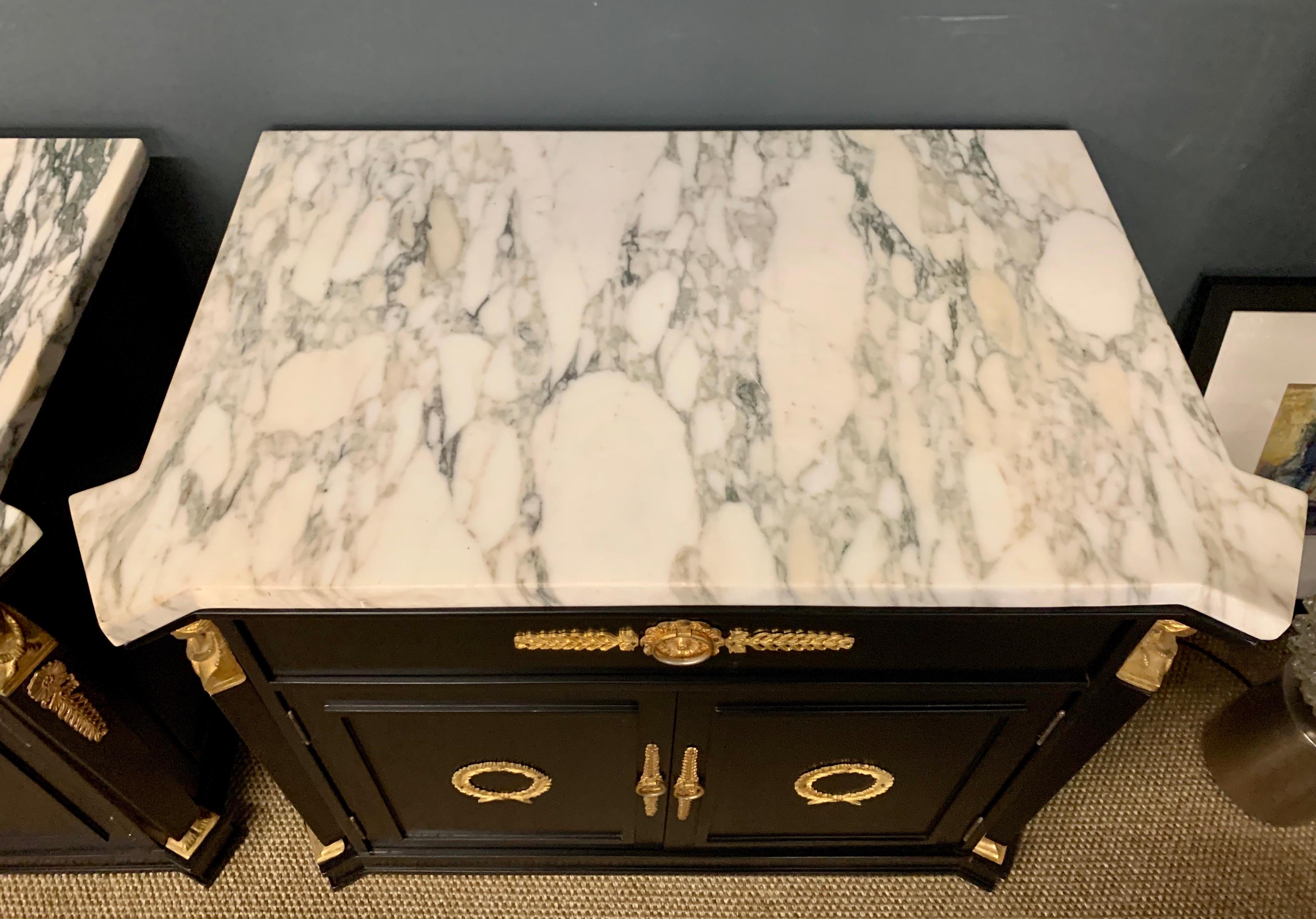 Black Marble-Top Newly Lacquered and Brass Figural Neoclassical Matching Tables 6
