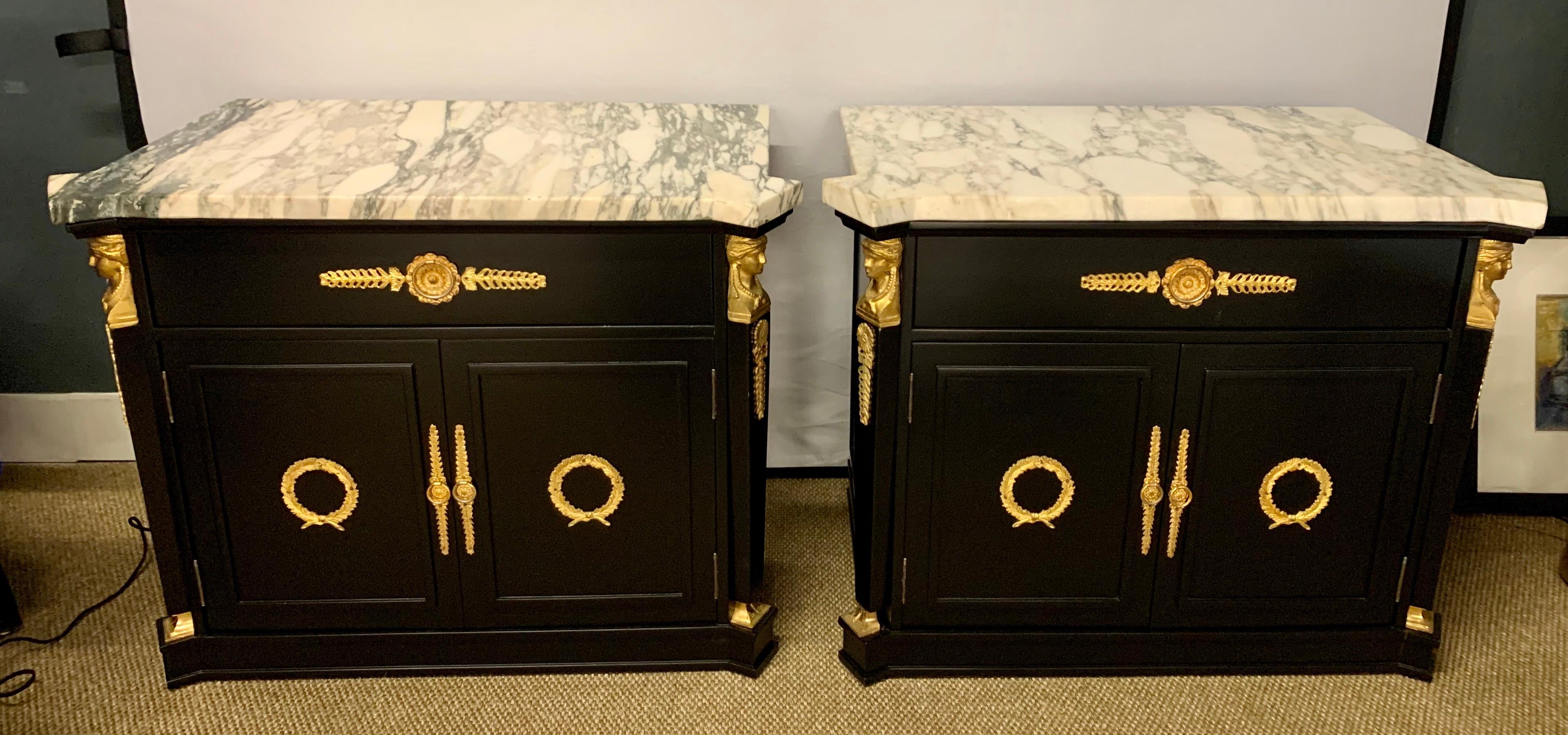 Black Marble-Top Newly Lacquered and Brass Figural Neoclassical Matching Tables 1
