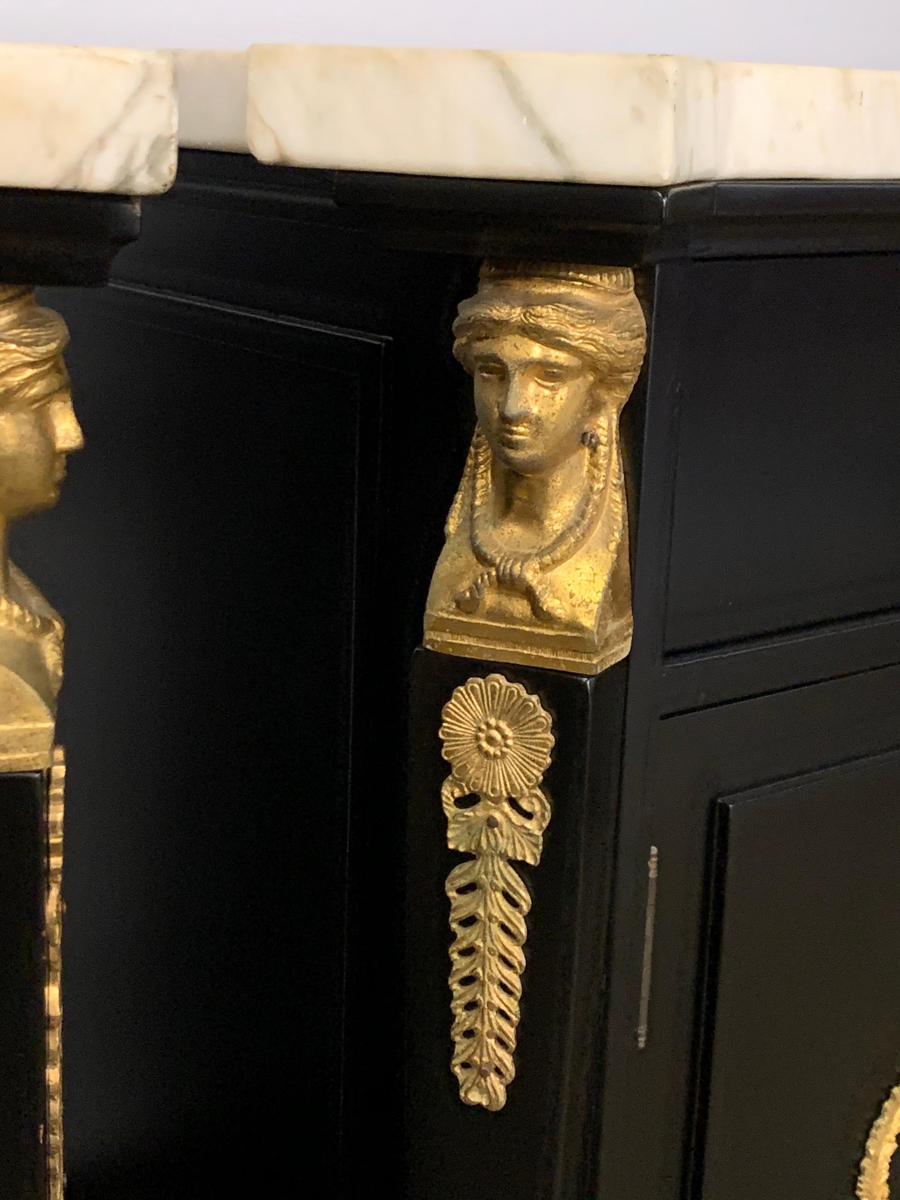 Black Marble-Top Newly Lacquered and Brass Figural Neoclassical Matching Tables 2