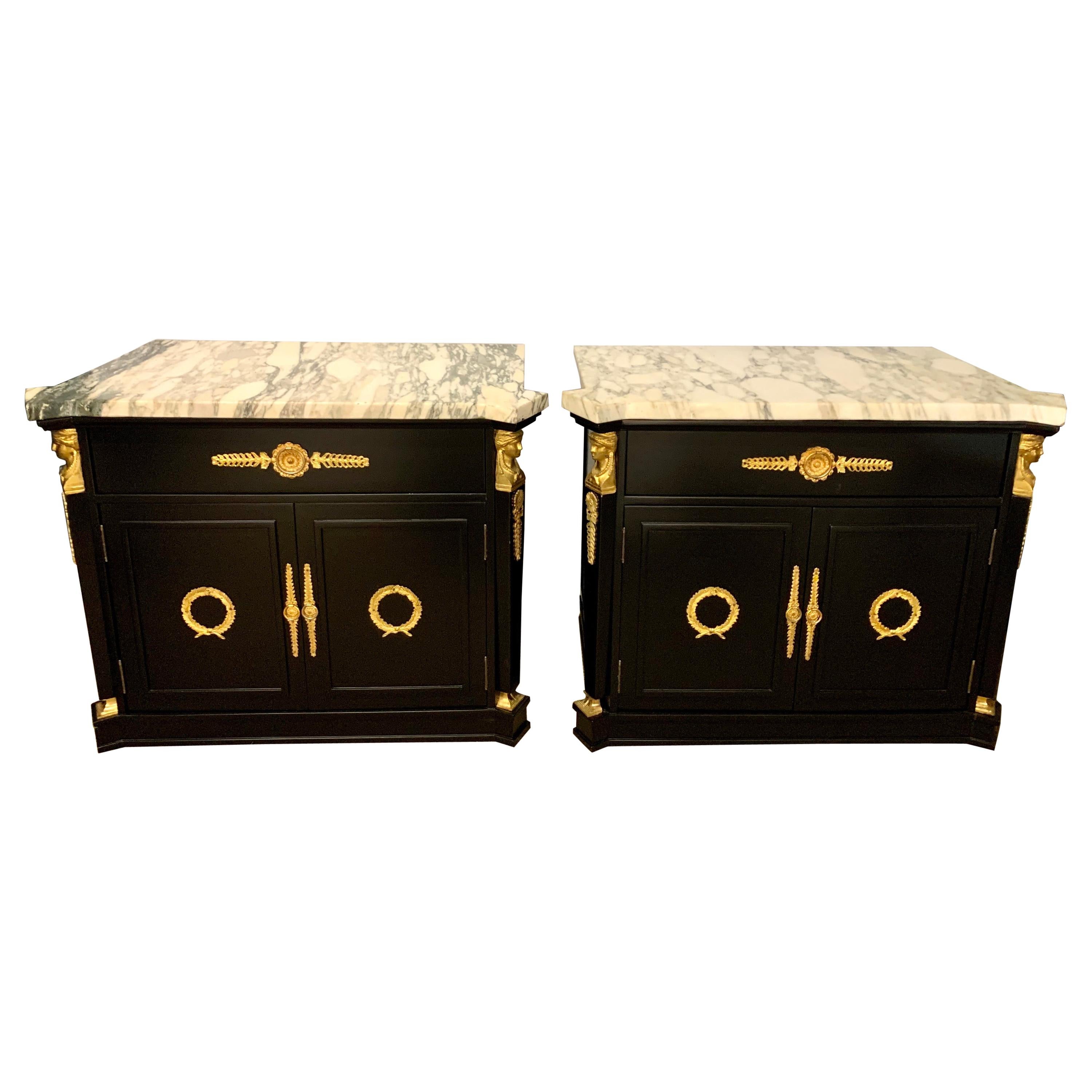 Black Marble-Top Newly Lacquered and Brass Figural Neoclassical Matching Tables