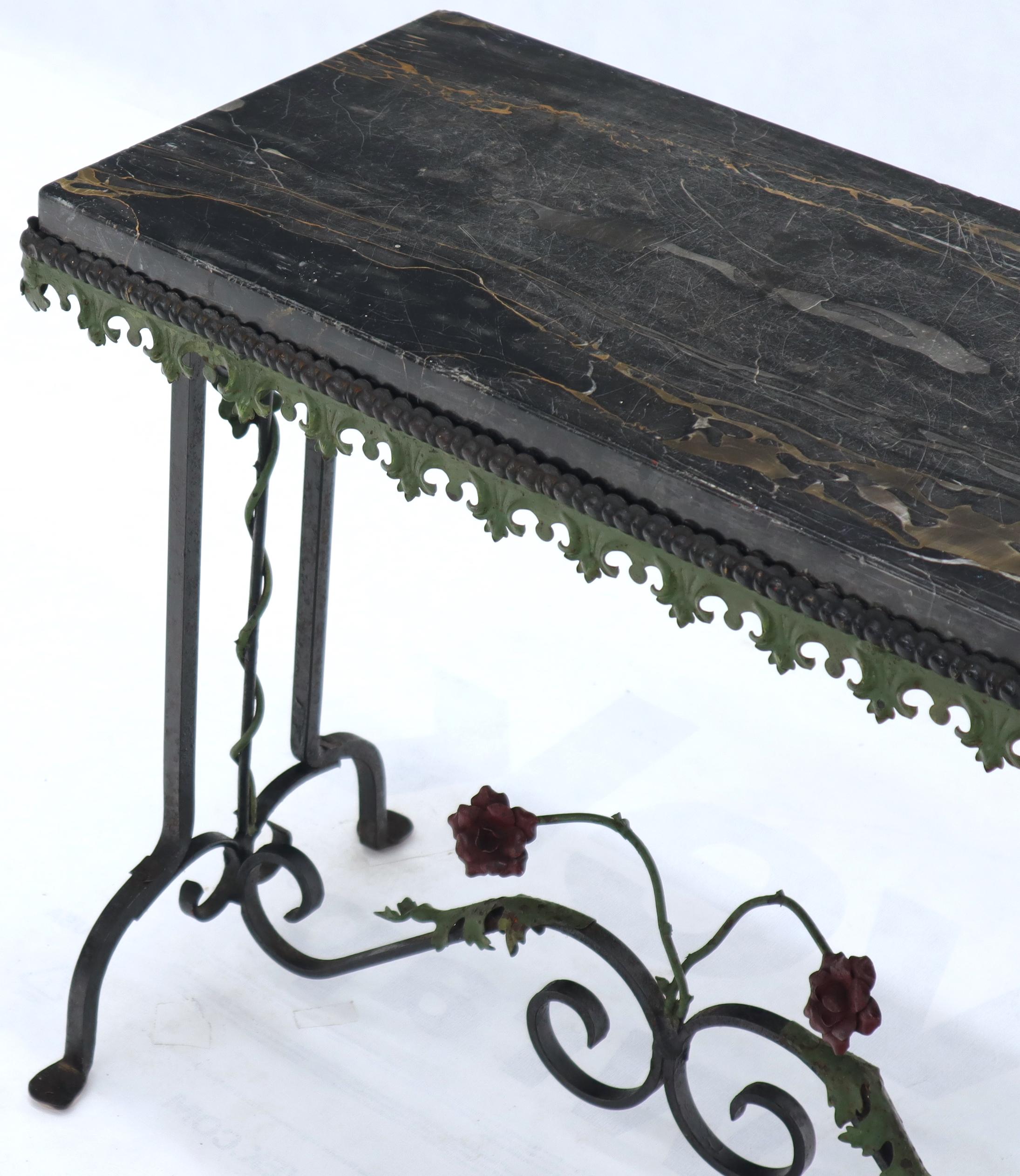 Black Marble Top Ornate Wrought Iron Side Console Table 4