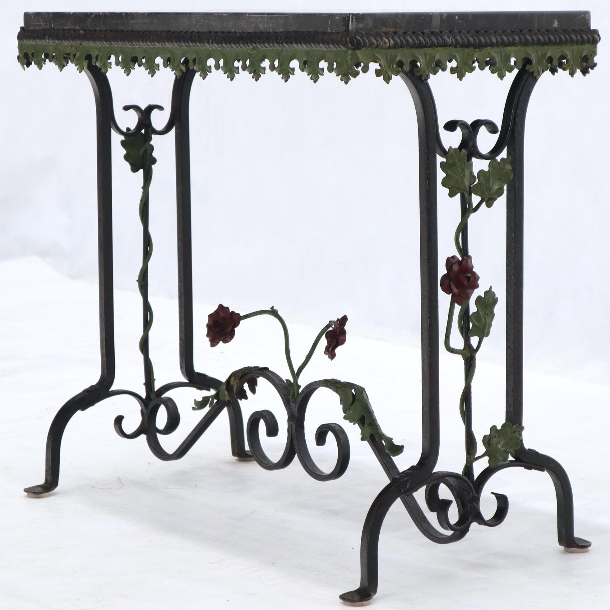 Arts and Crafts Black Marble Top Ornate Wrought Iron Side Console Table