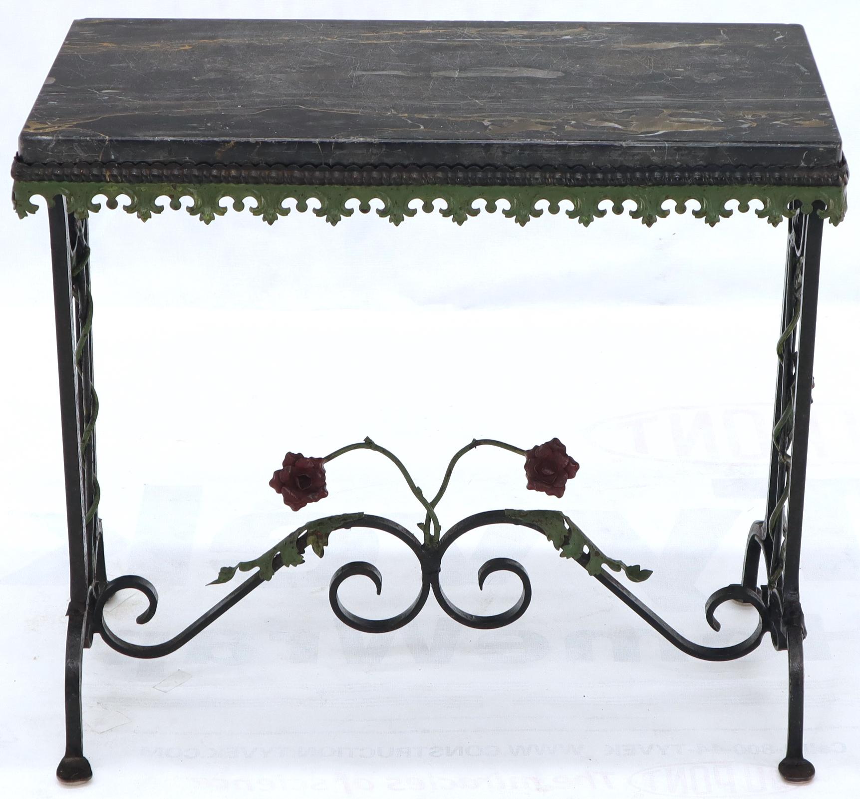 American Black Marble Top Ornate Wrought Iron Side Console Table