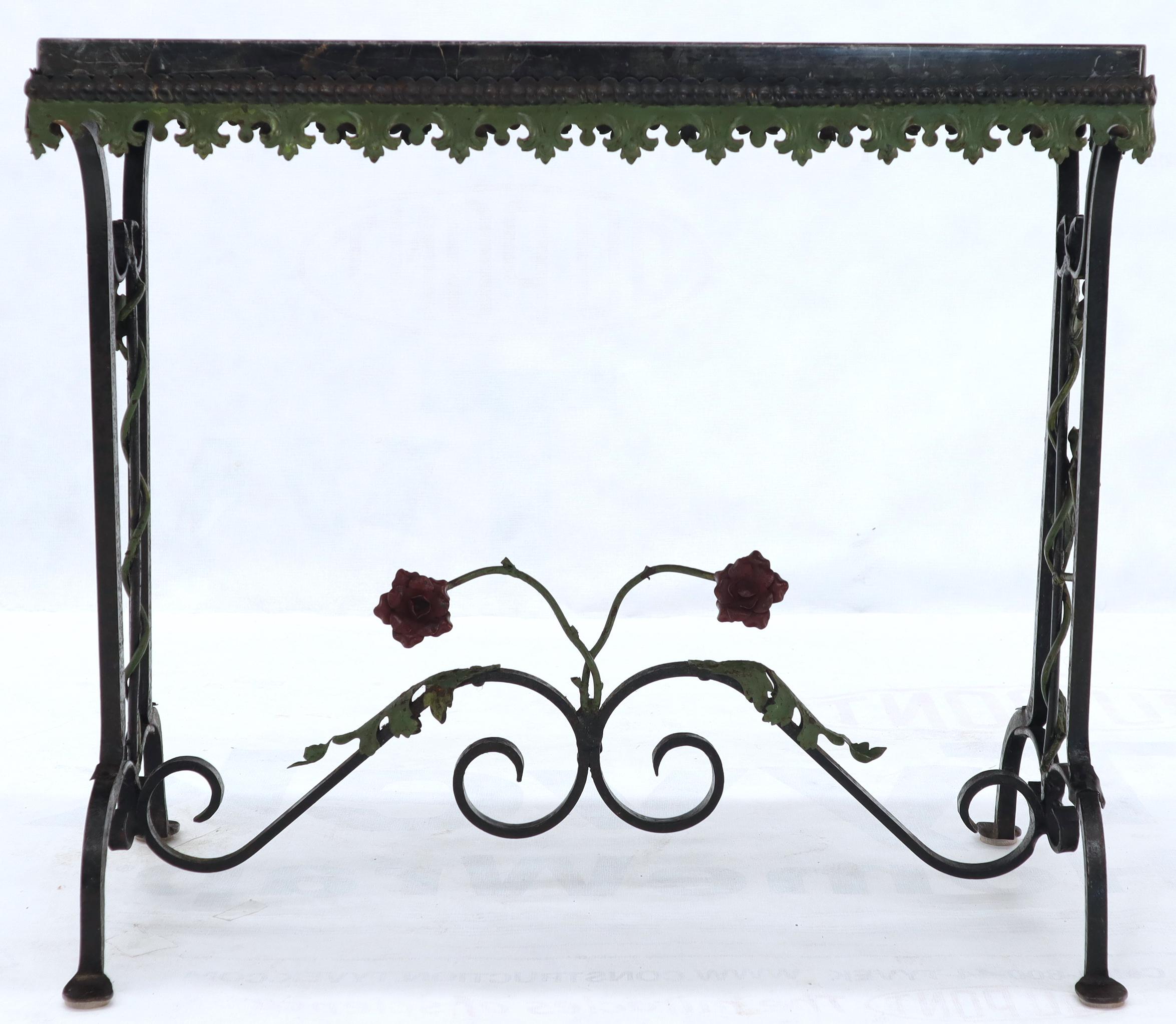 20th Century Black Marble Top Ornate Wrought Iron Side Console Table