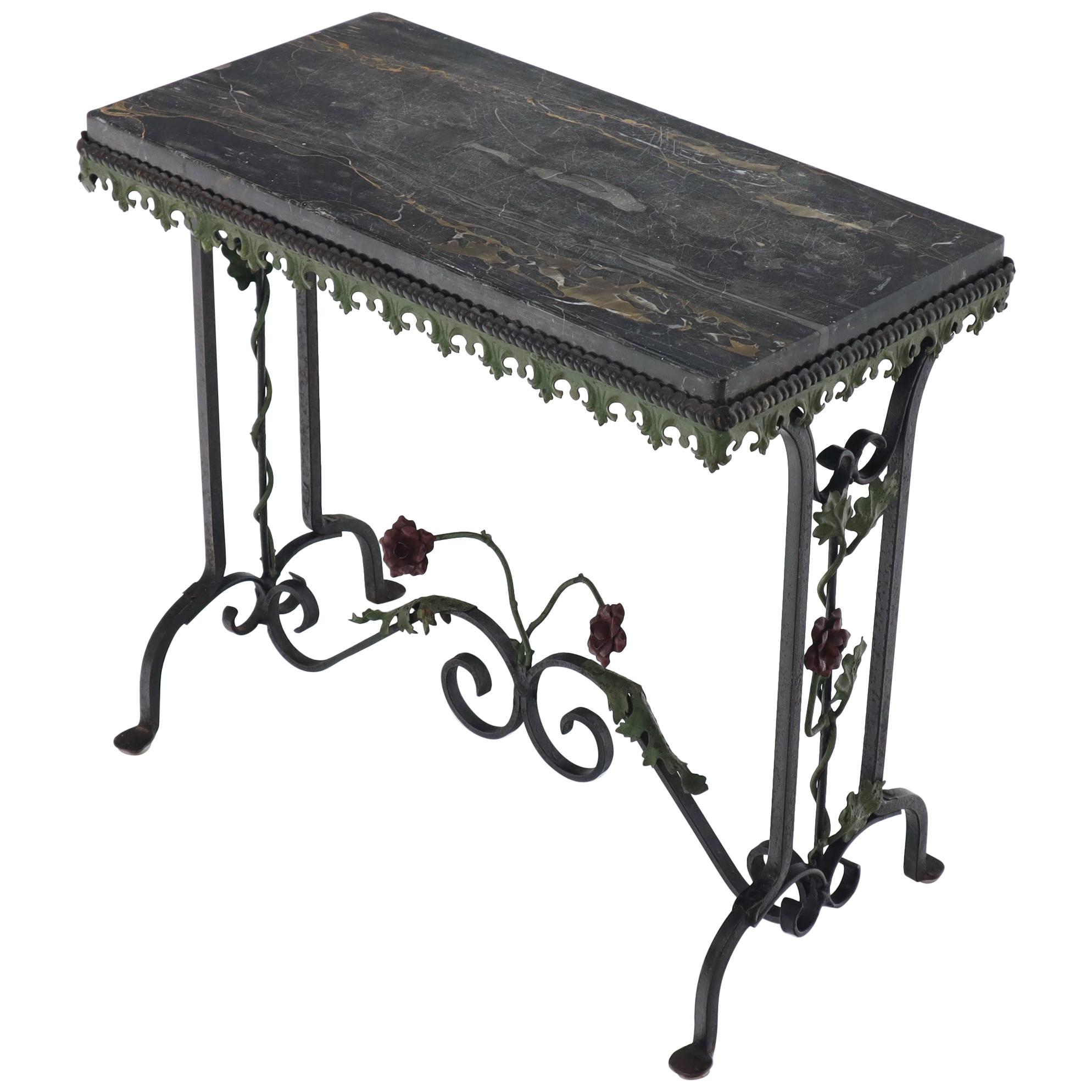Black Marble Top Ornate Wrought Iron Side Console Table