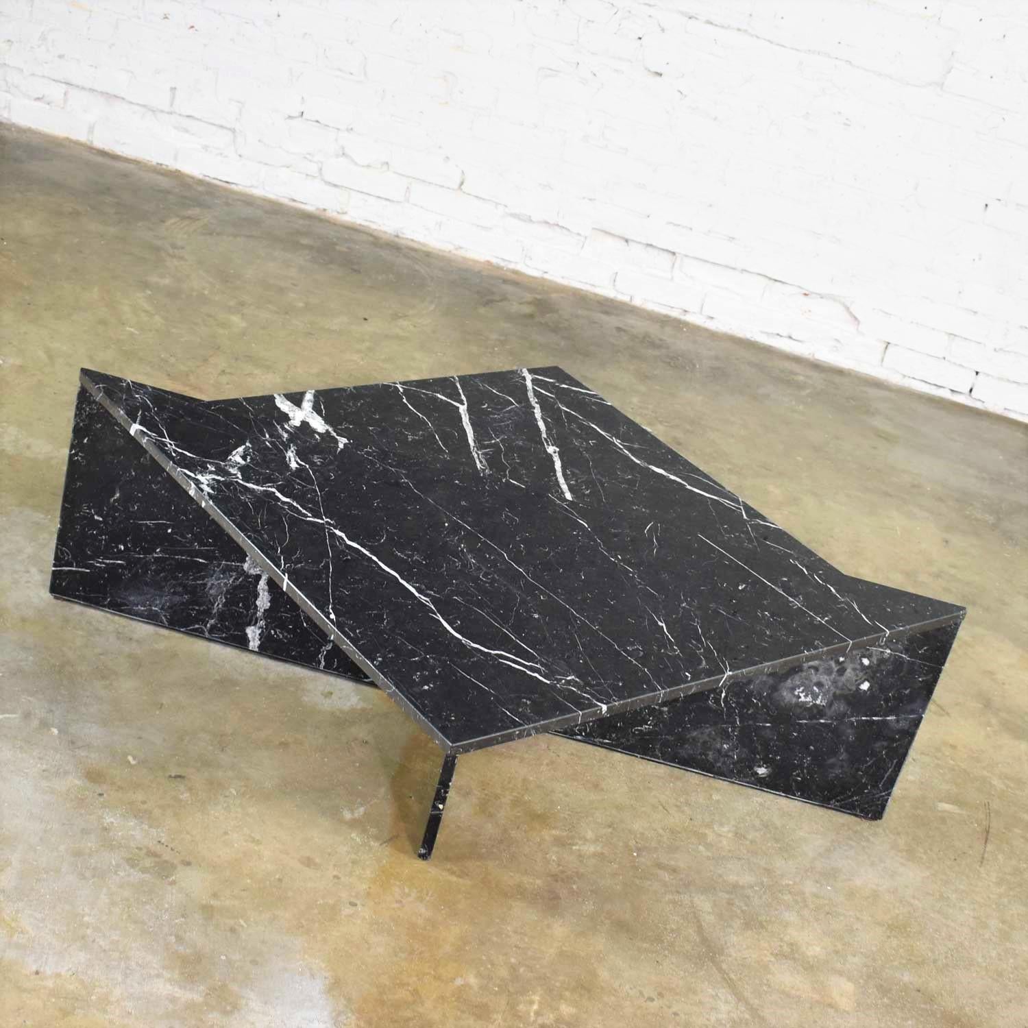 20th Century Black Marble Triangle Bi-Level Coffee Table or Pair End Tables Style Up & Up