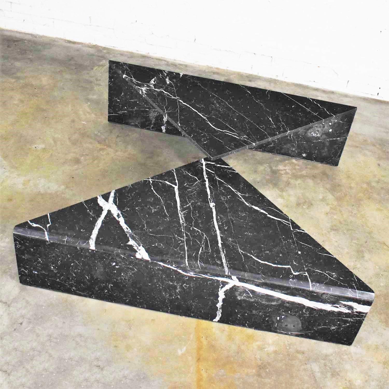 Black Marble Triangle Bi-Level Coffee Table or Pair End Tables Style Up & Up 1