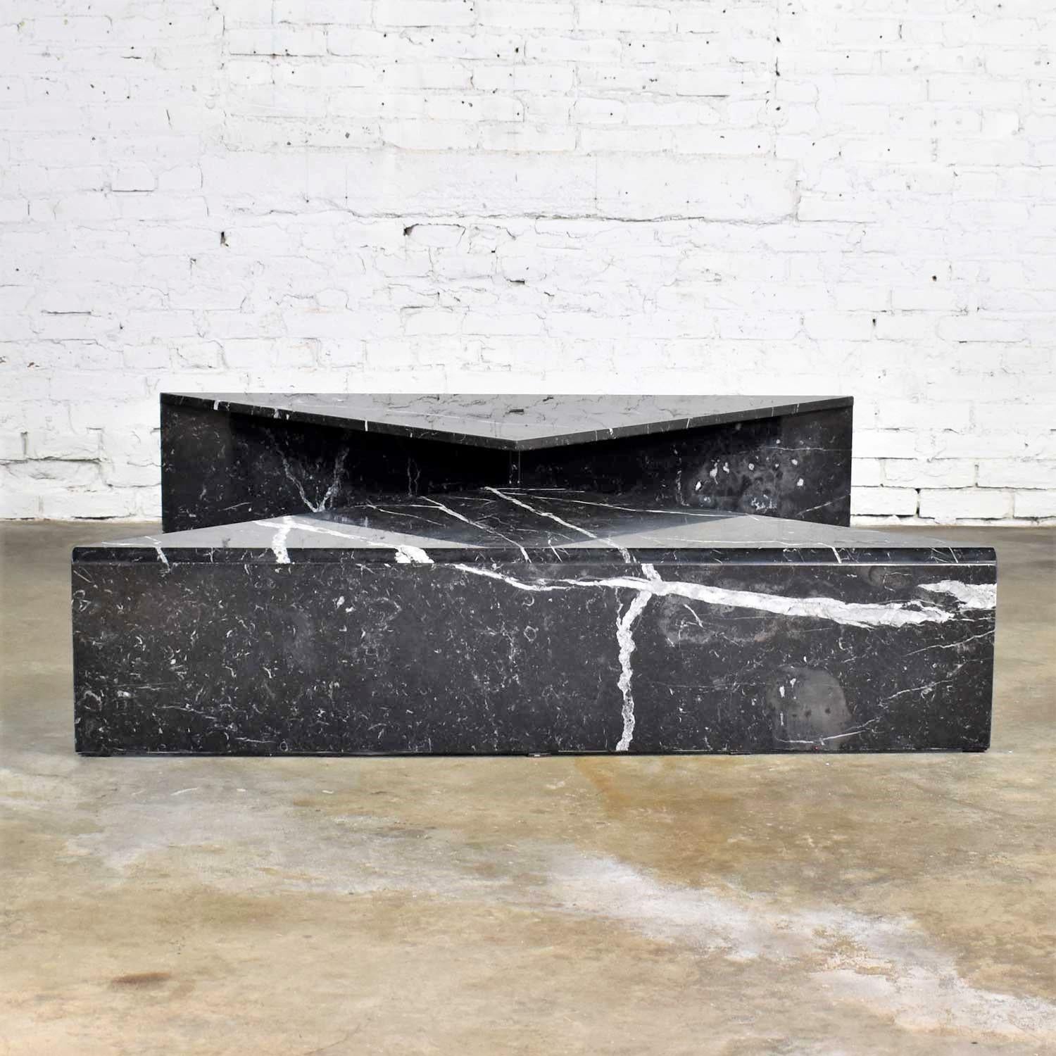 Black Marble Triangle Bi-Level Coffee Table or Pair End Tables Style Up & Up 2