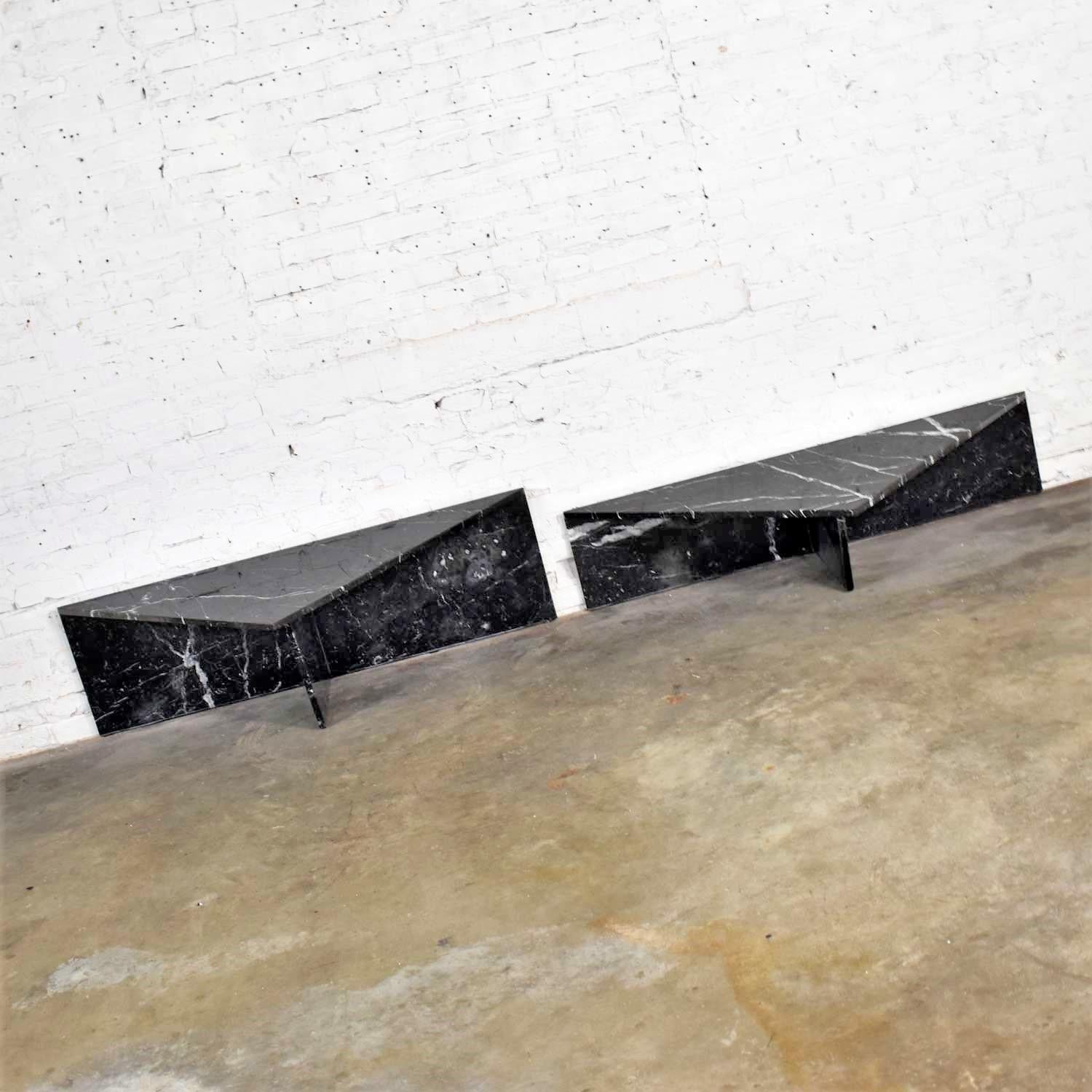 Black Marble Triangle Bi-Level Coffee Table or Pair End Tables Style Up & Up 3