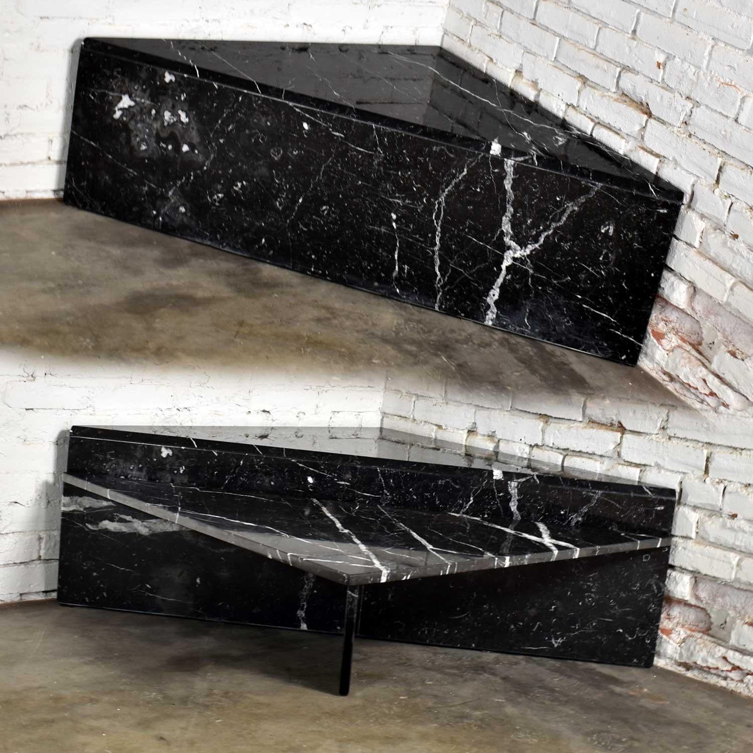 Black Marble Triangle Bi-Level Coffee Table or Pair End Tables Style Up & Up 4