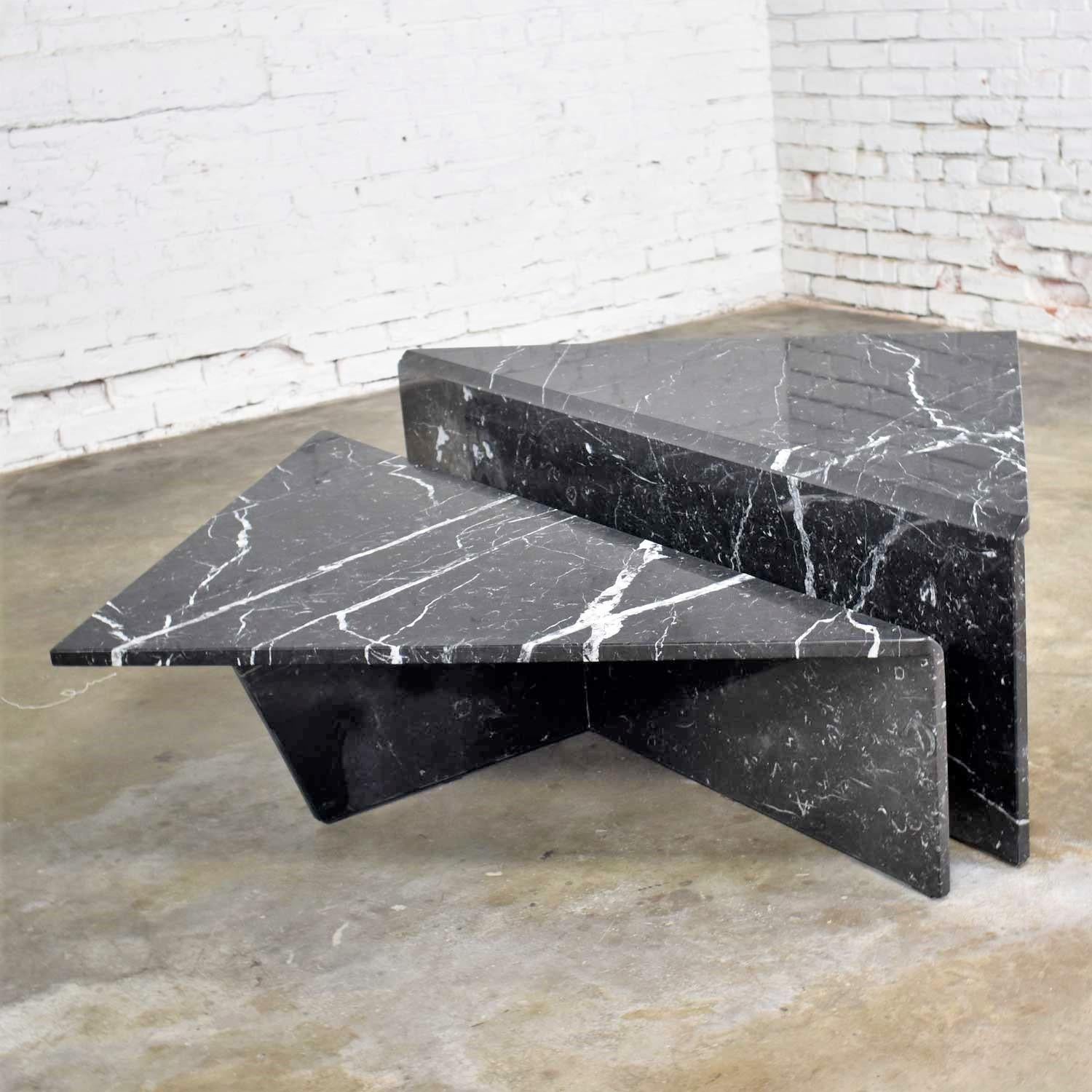 Post-Modern Black Marble Triangle Bi-Level Coffee Table or Pair End Tables Style Up & Up
