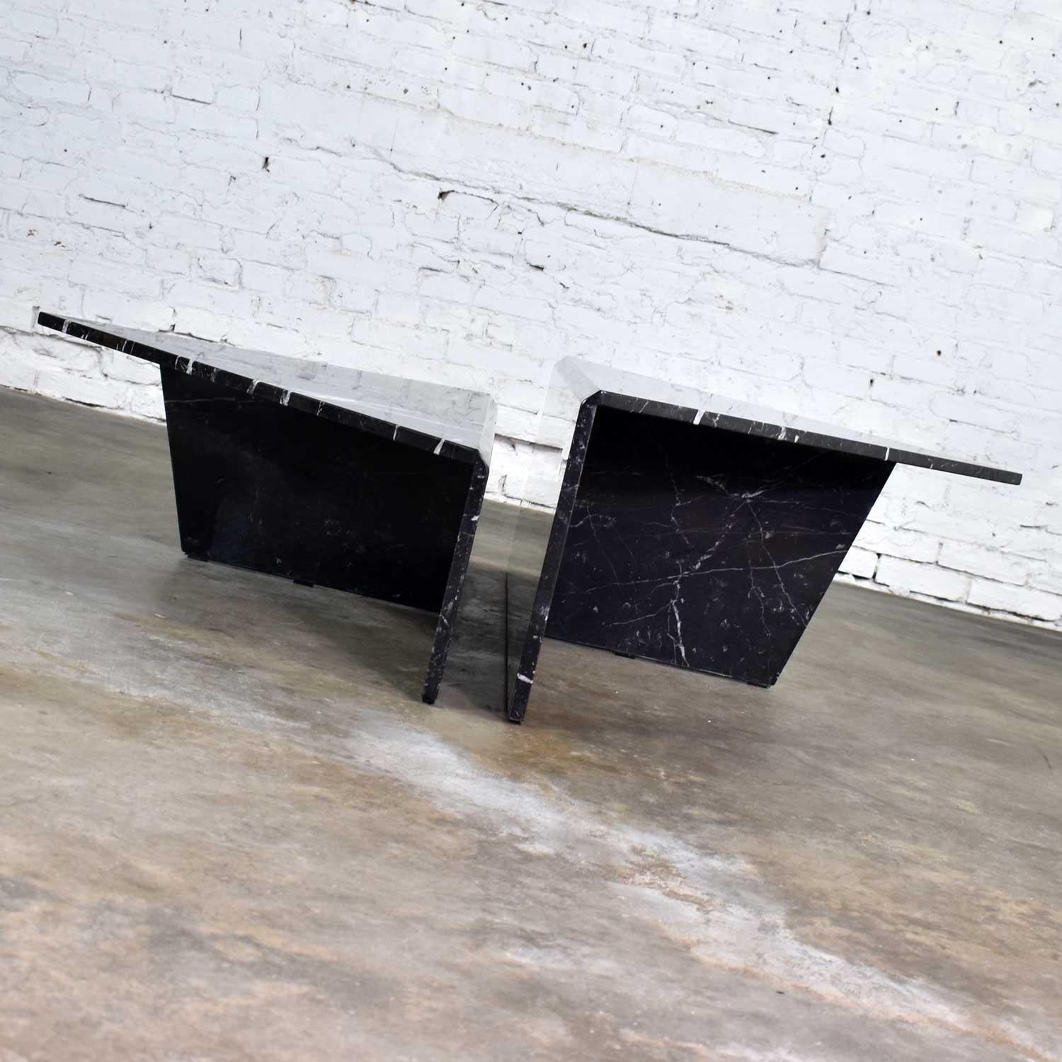 Italian Black Marble Triangle Bi-Level Coffee Table or Pair End Tables Style Up & Up