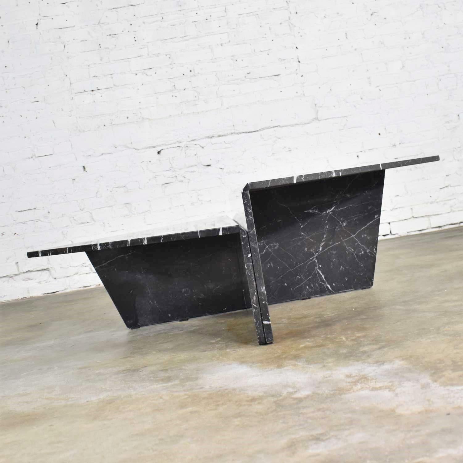 Polished Black Marble Triangle Bi-Level Coffee Table or Pair End Tables Style Up & Up