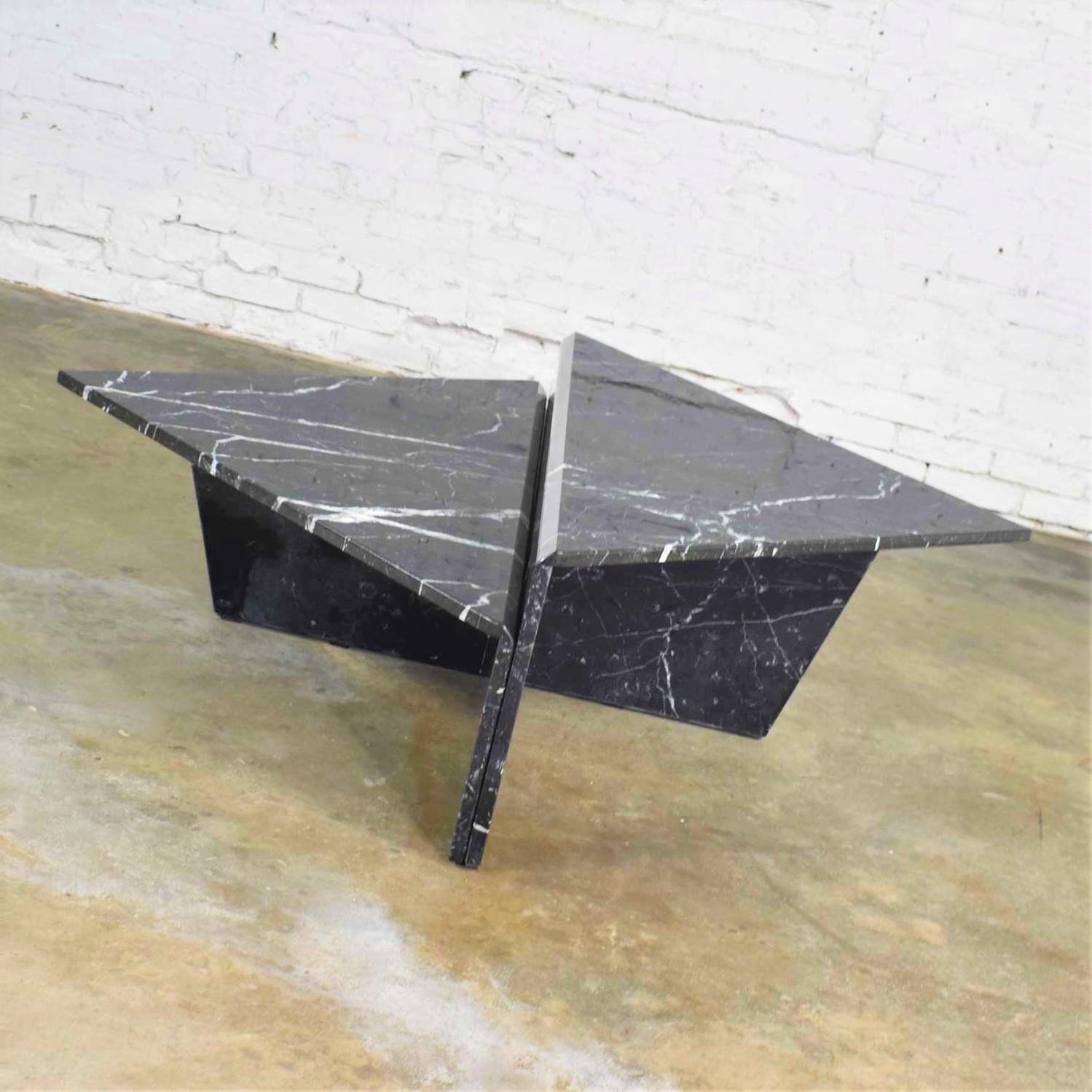 Black Marble Triangle Bi-Level Coffee Table or Pair End Tables Style Up & Up In Good Condition In Topeka, KS