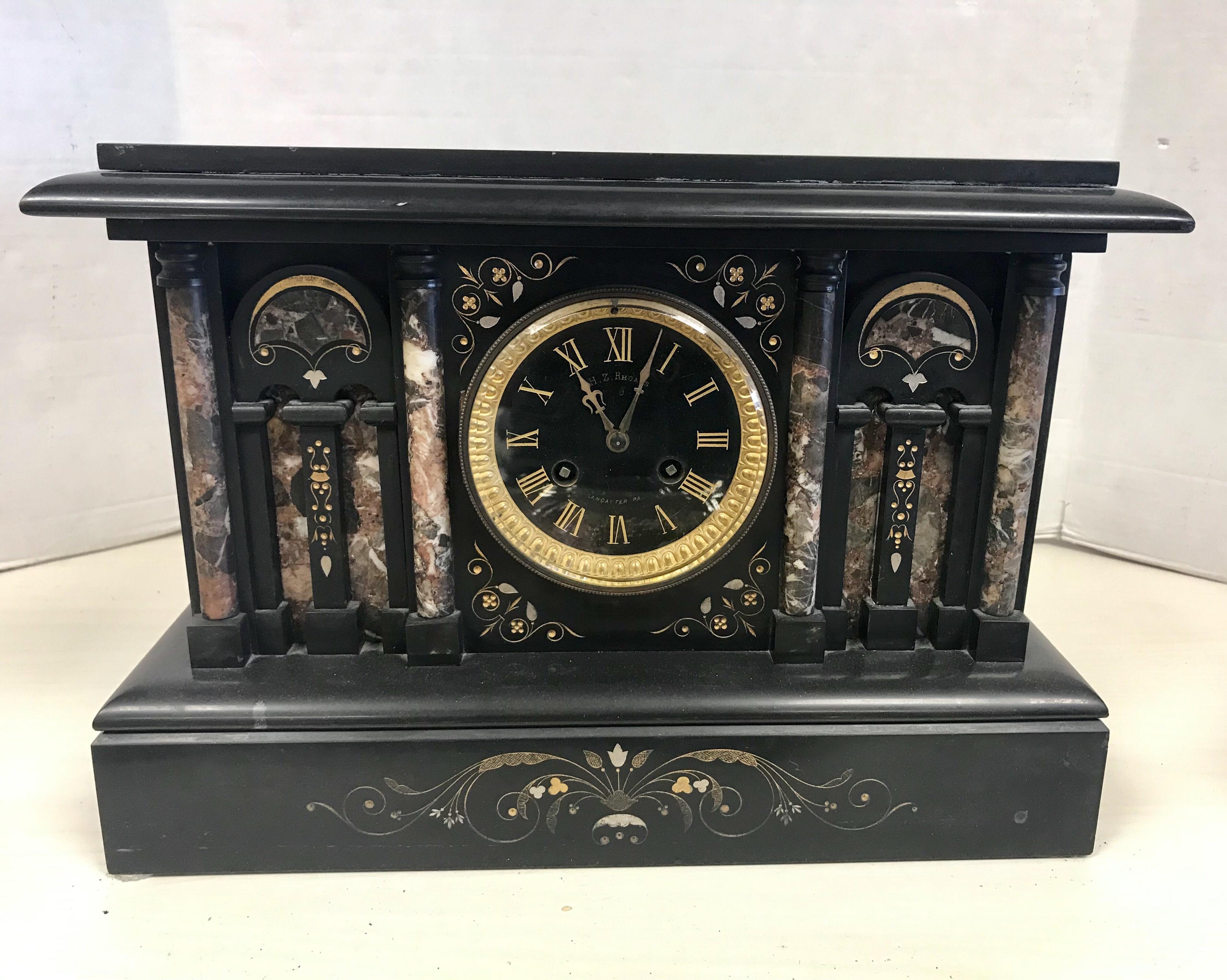 Antique, very heavy, black marble Victorian style key wind clock with inlay. Comes with key-wind key.
Appears to work but we are not clock experts. Weight is approximately 80 pounds.