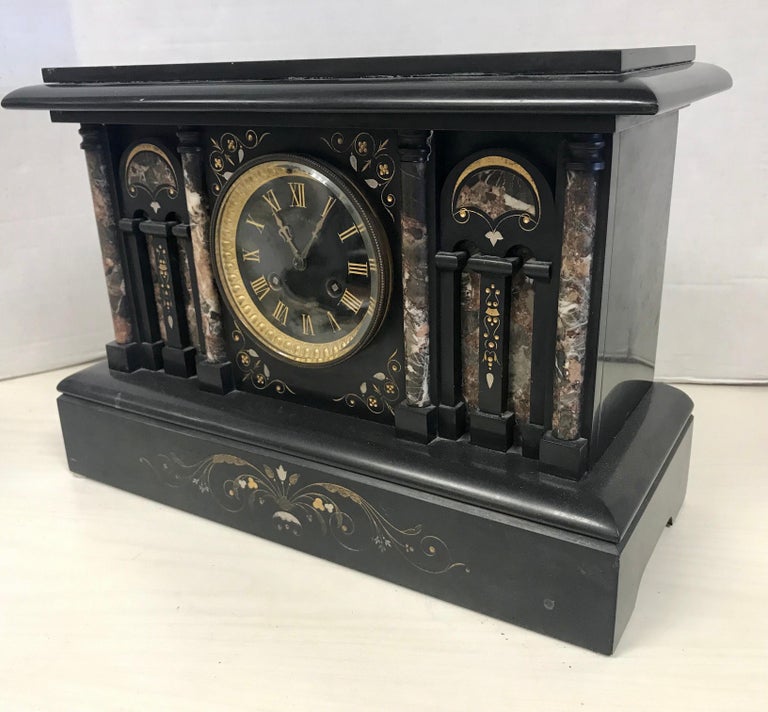 Black Marble Victorian Mantle KeyWind Clock with Inlay at 1stDibs