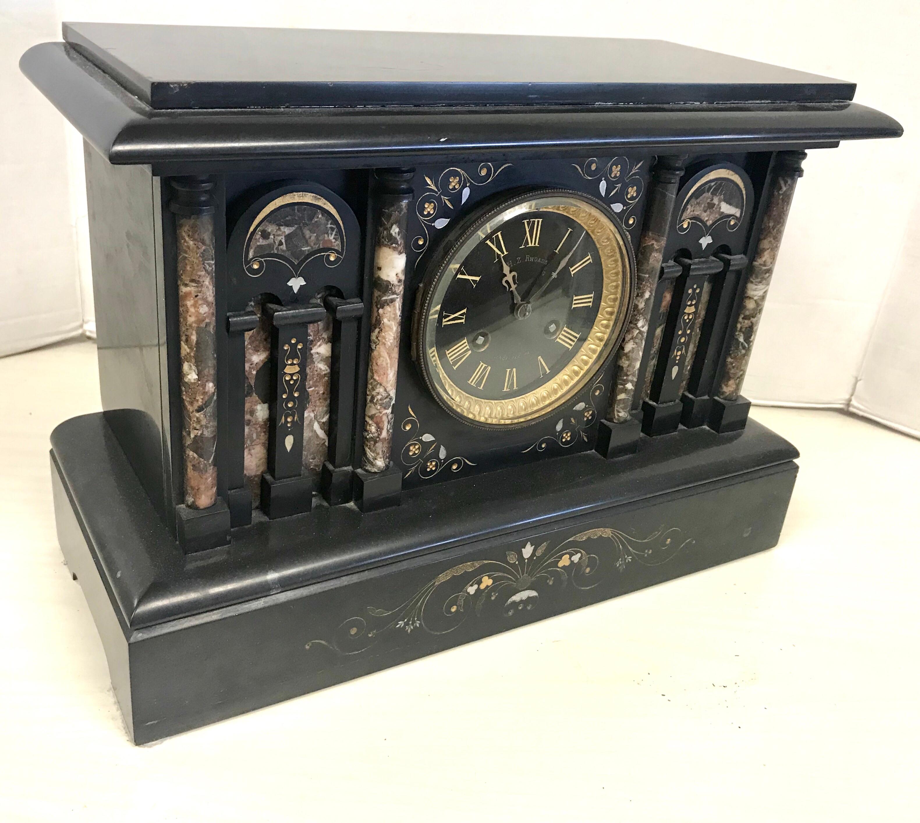 Late 19th Century Black Marble Victorian Mantle Key-Wind Clock with Inlay