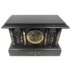 Black Marble Victorian Mantle Key-Wind Clock with Inlay