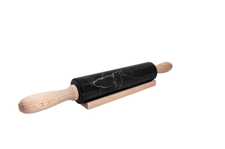 Handmade Black Marquina Marble Rolling Pin with Wooden Handles For Sale