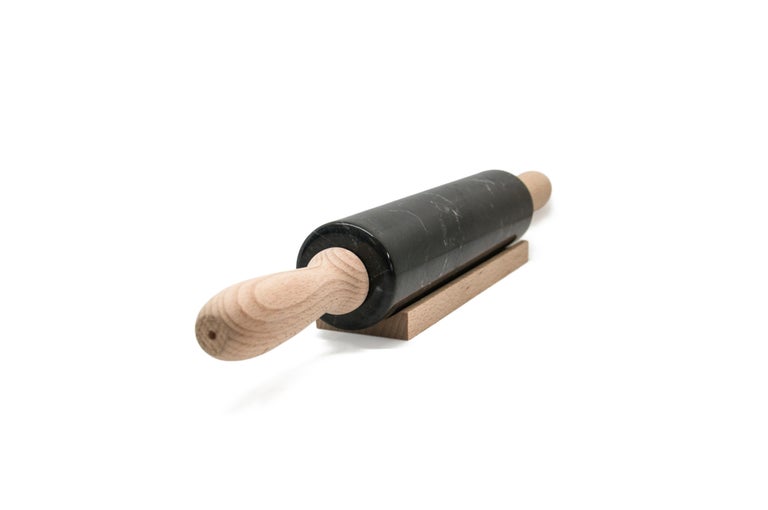 Handmade Black Marquina Marble Rolling Pin with Wooden Handles For Sale