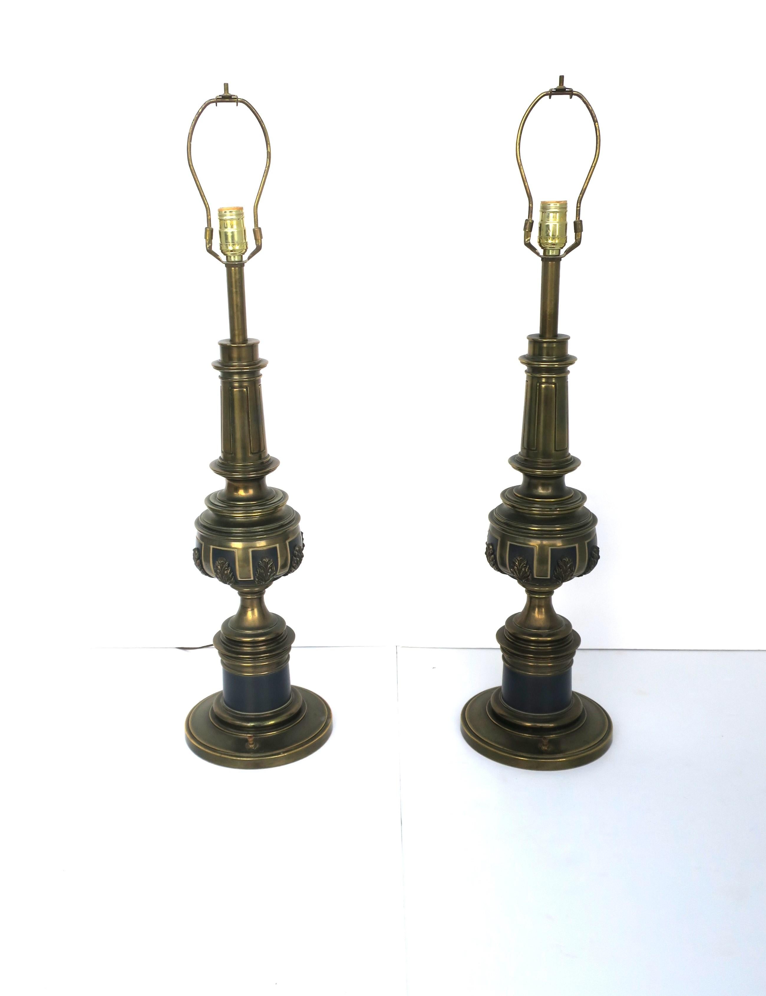 Hollywood Regency Brass and Black Enamel Table Lamps by Stiffle, Pair For Sale
