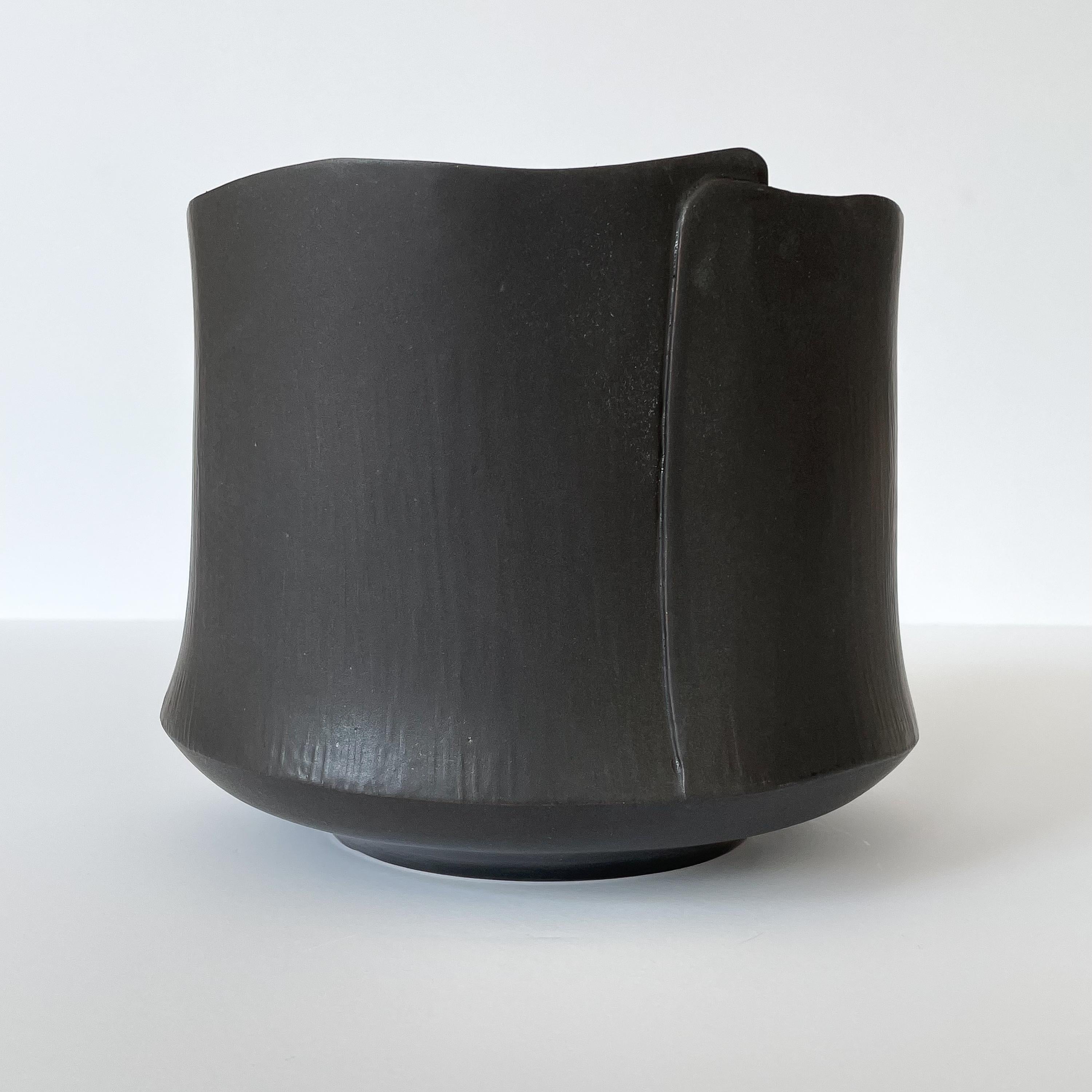 Contemporary Black Matte Studio Pottery Ceramic Bowl, Signed
