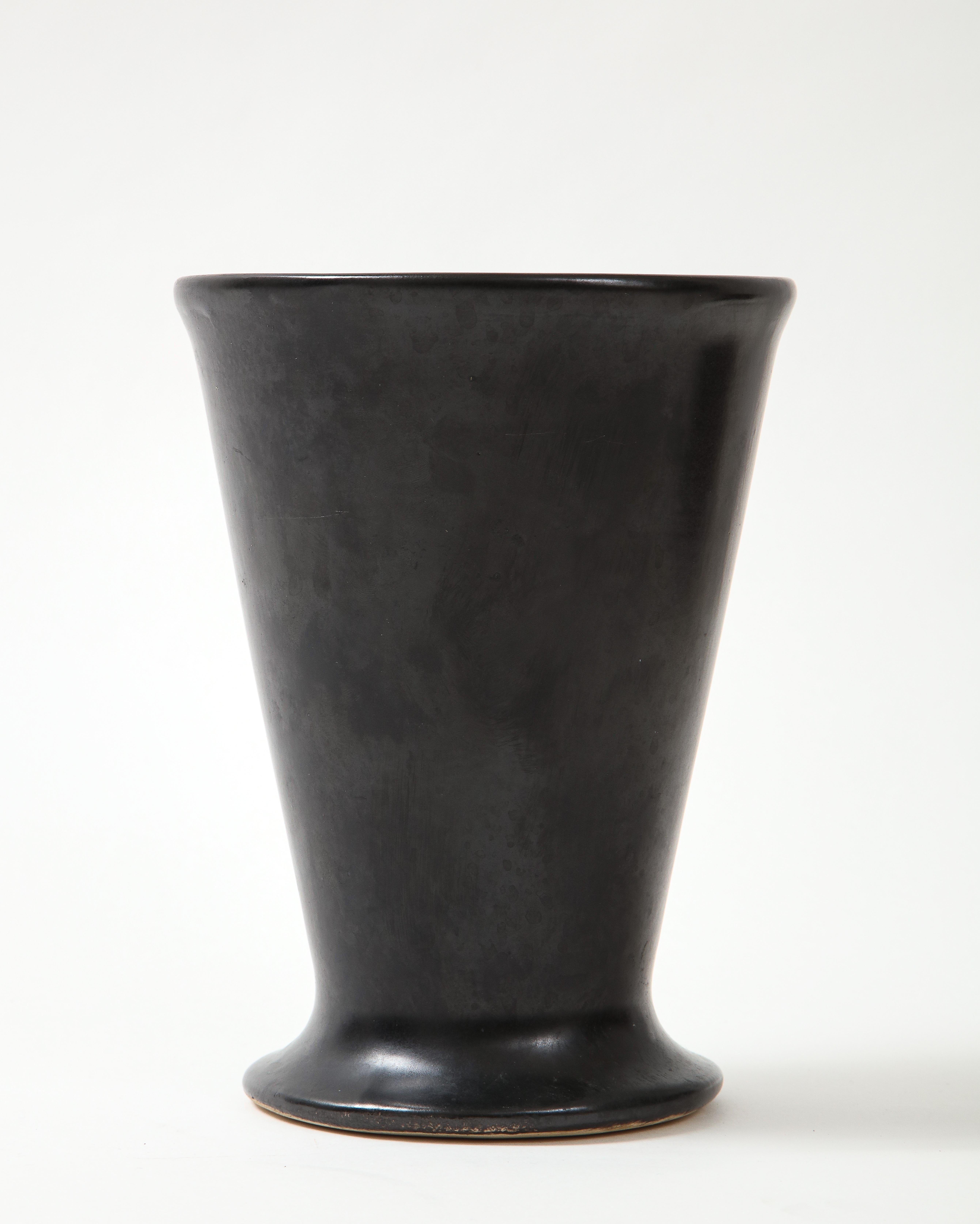 Mid-Century Modern Black Matte Vase in the Manner of Georges Jouve, France, c. 1960