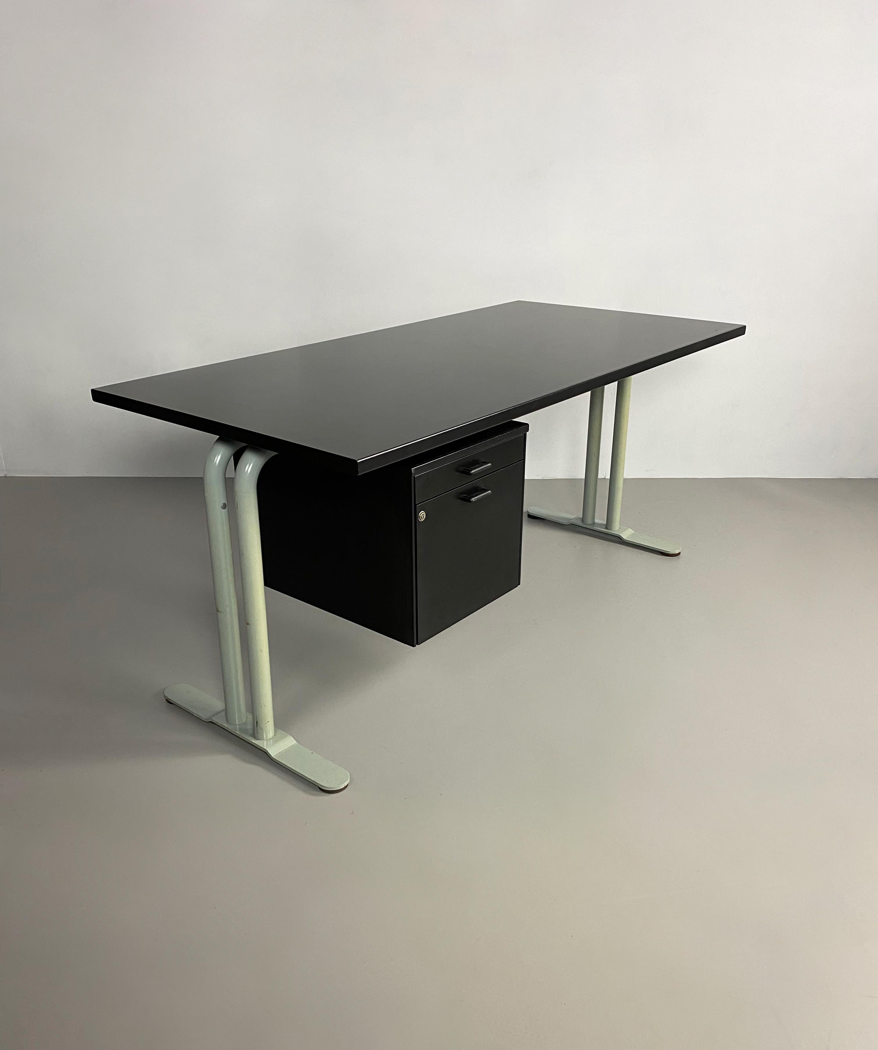 Post-Modern Black Melamine and Tubular Steel Postmodern Desk, Italy, c.1980