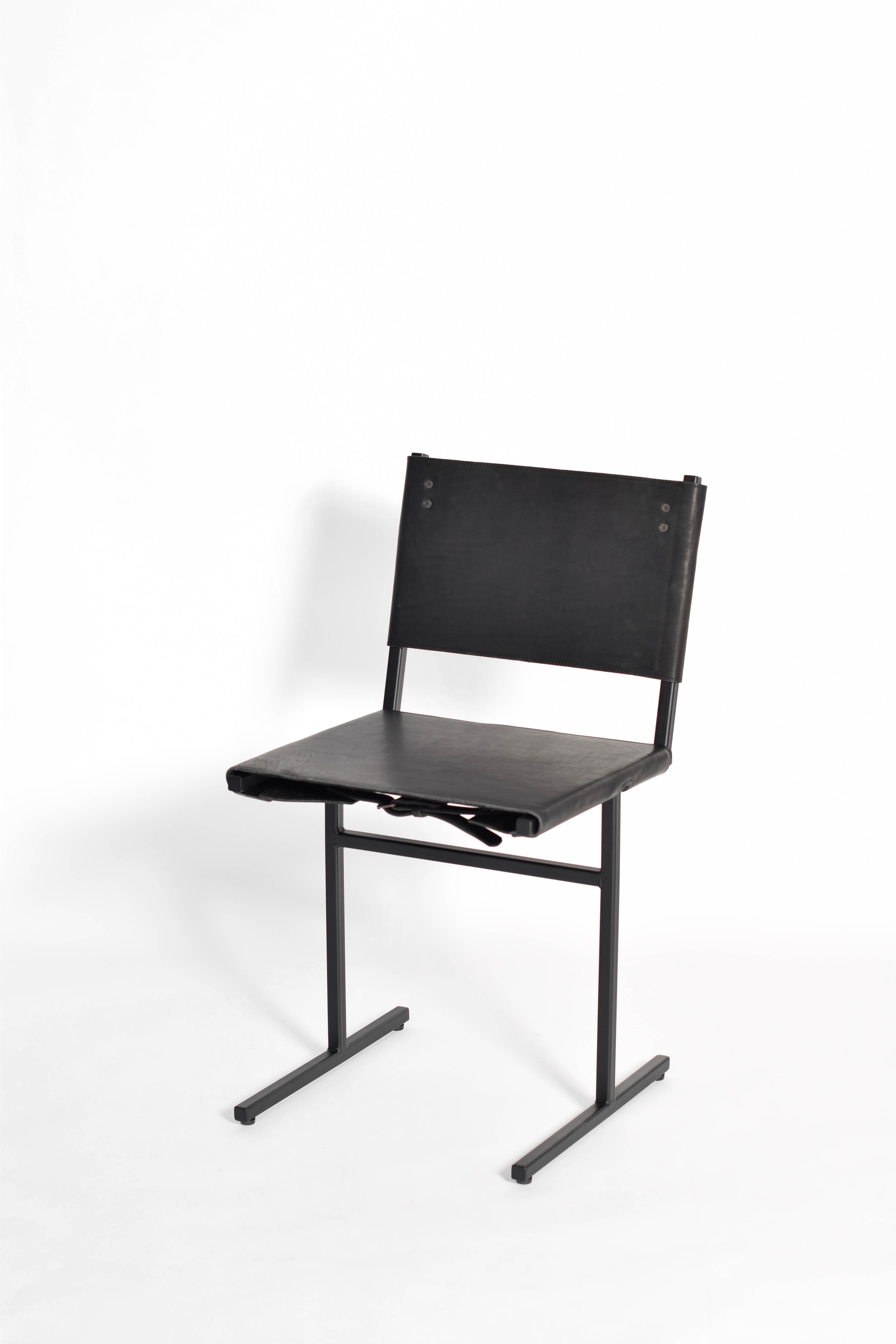 Black Memento chair, Jesse Sanderson
Original signed chair by Jesse Sanderson
Materials: Leather, steel
Dimensions: W 43 x D 50 x H 80 cm 
 Seating height: 47 cm

Frame finishes available in brass, bare steel, matt black.

Five lines and a