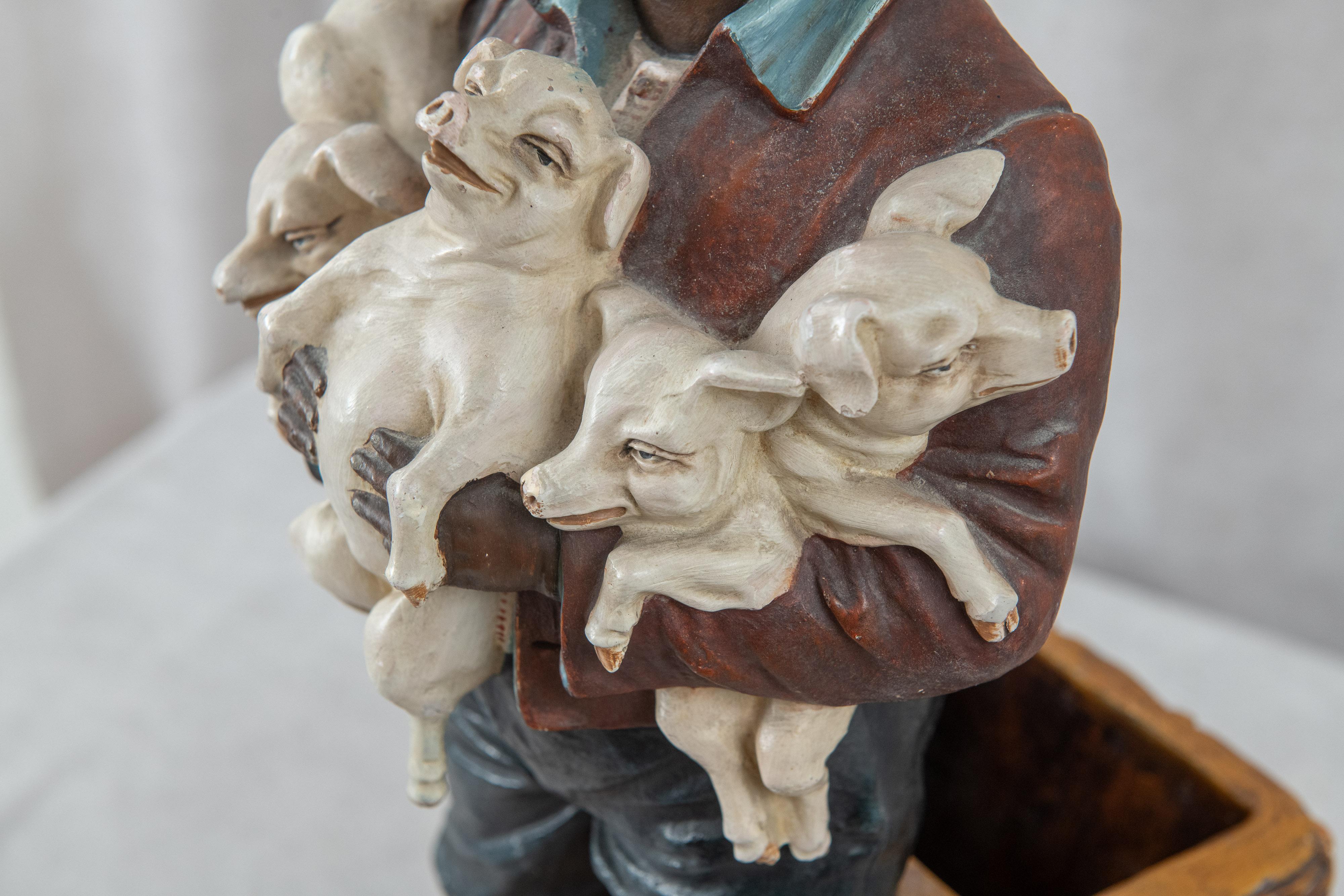 Cast Black Memorabilia, Young Barefoot Boy Holding Baby Pigs, ca.1910, American For Sale