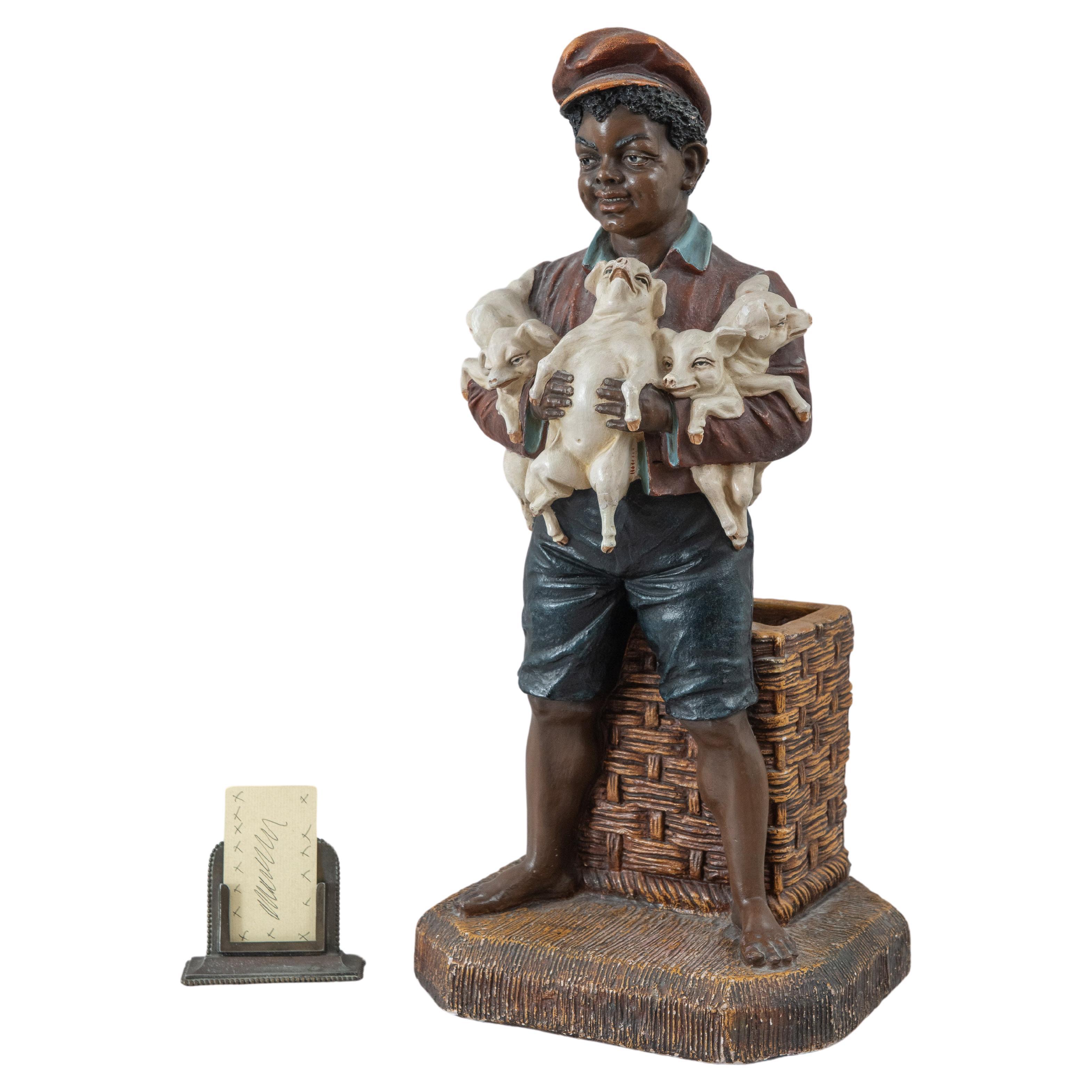 Black Memorabilia, Young Barefoot Boy Holding Baby Pigs, ca.1910, American For Sale