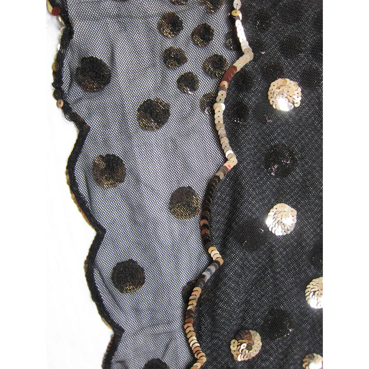 Women's or Men's Black Mesh Silver Sequin Polka Dots Scarf  1970s
