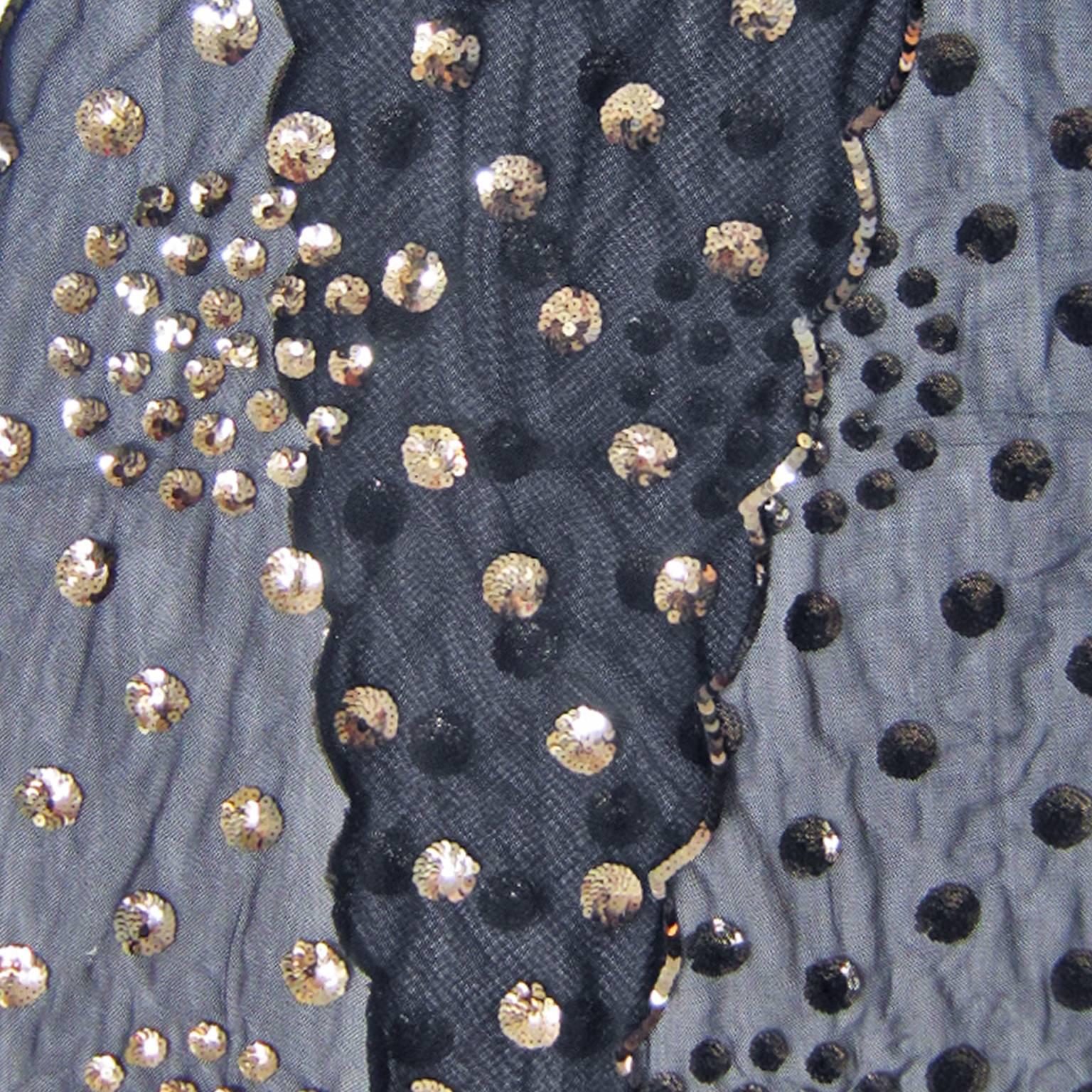 Black Mesh Silver Sequin Polka Dots Scarf  1970s 1