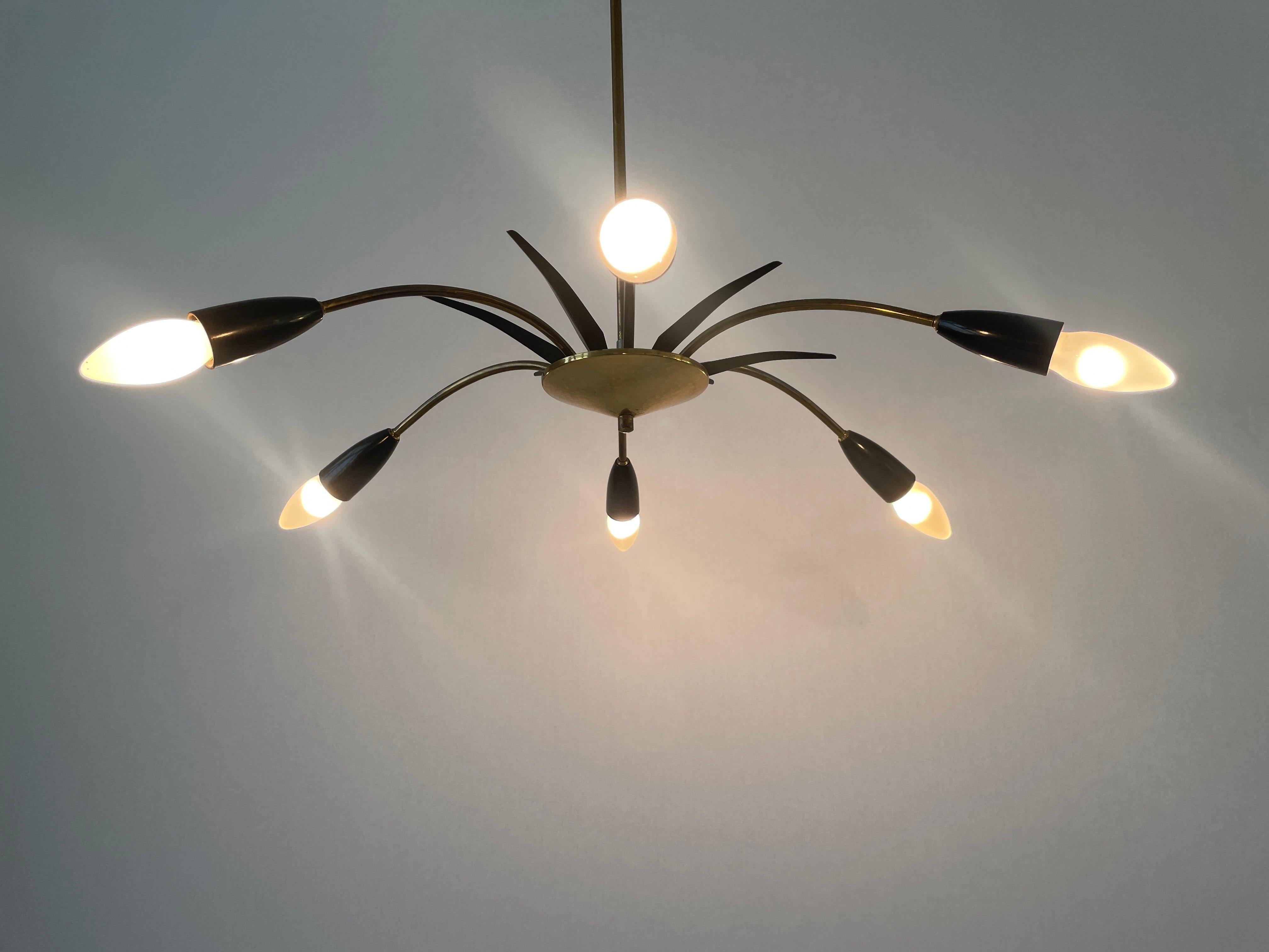 Black Metal & 6-armed Brass Body Ceiling Lamp, 1950s, Germany For Sale 5