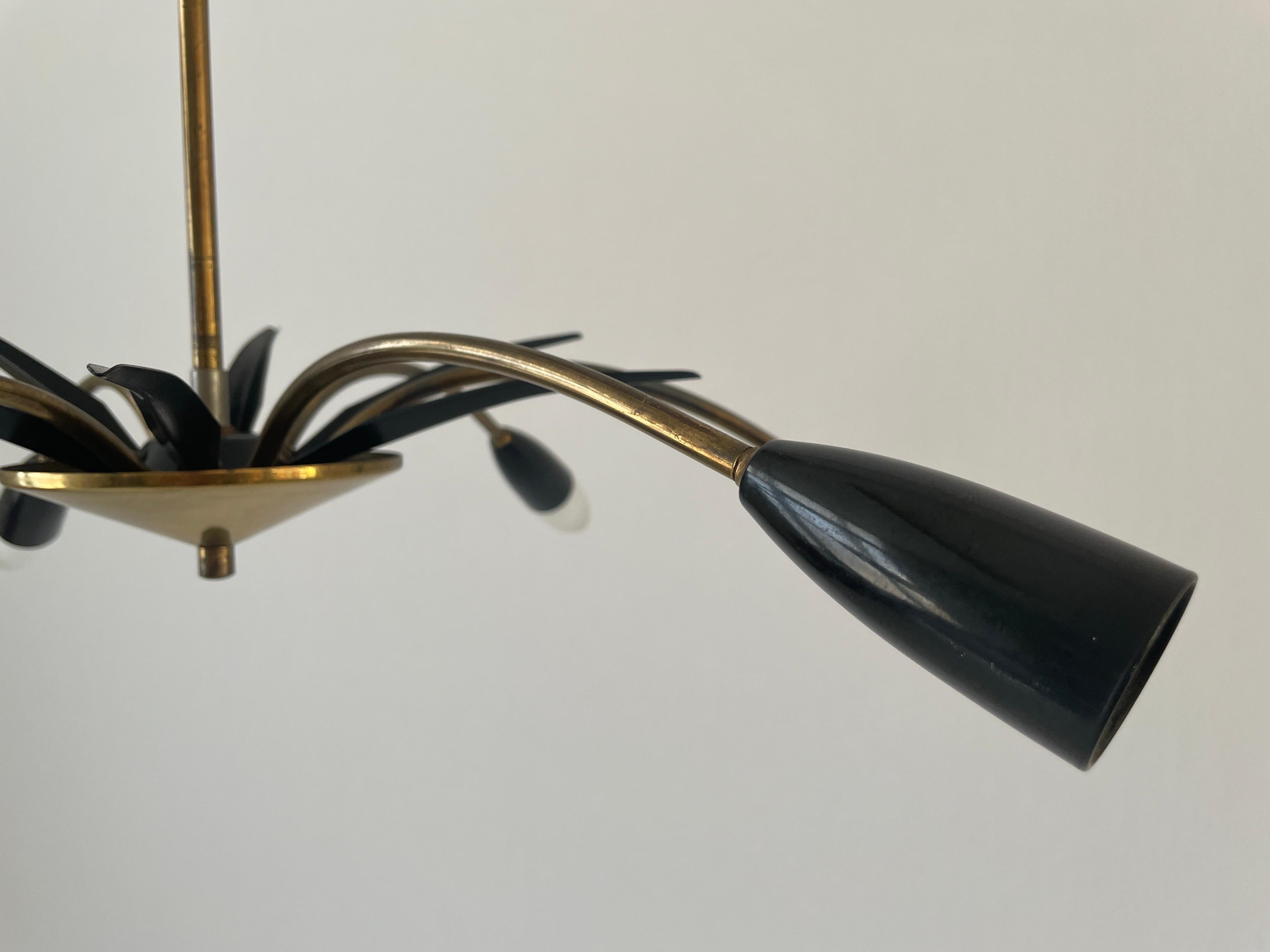 Black Metal & 6-armed Brass Body Ceiling Lamp, 1950s, Germany For Sale 8